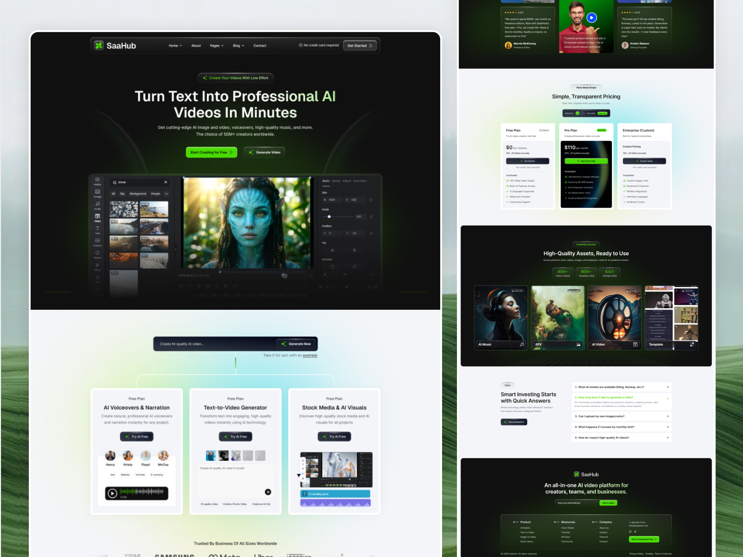 AI Video Generator SaaS Landing Page | SaaHub UI Design ai ai video generator dark ui deshboard landing page product design saas startup w tech website ui ux desing web desing