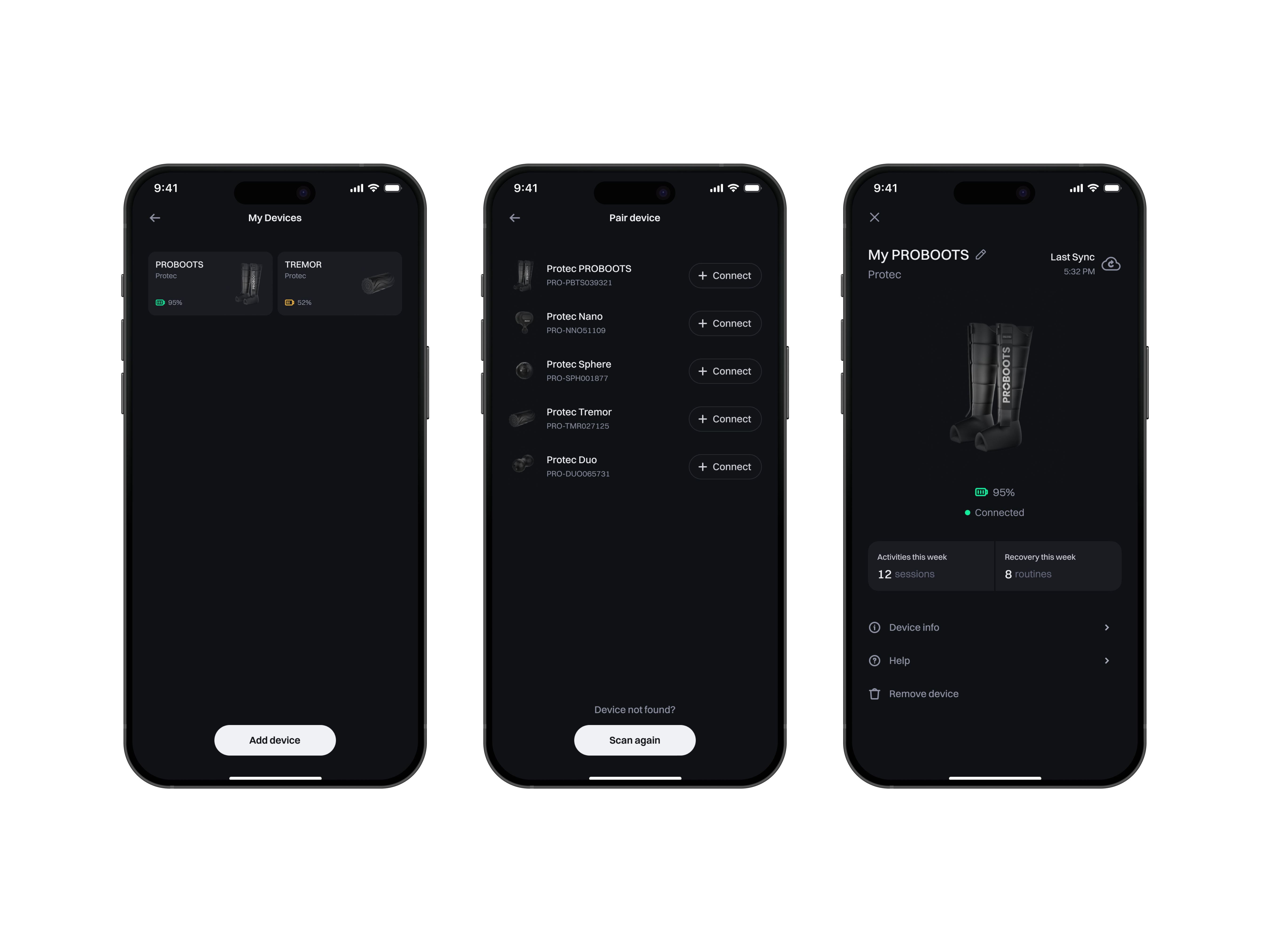 My devices and device info - Protec app