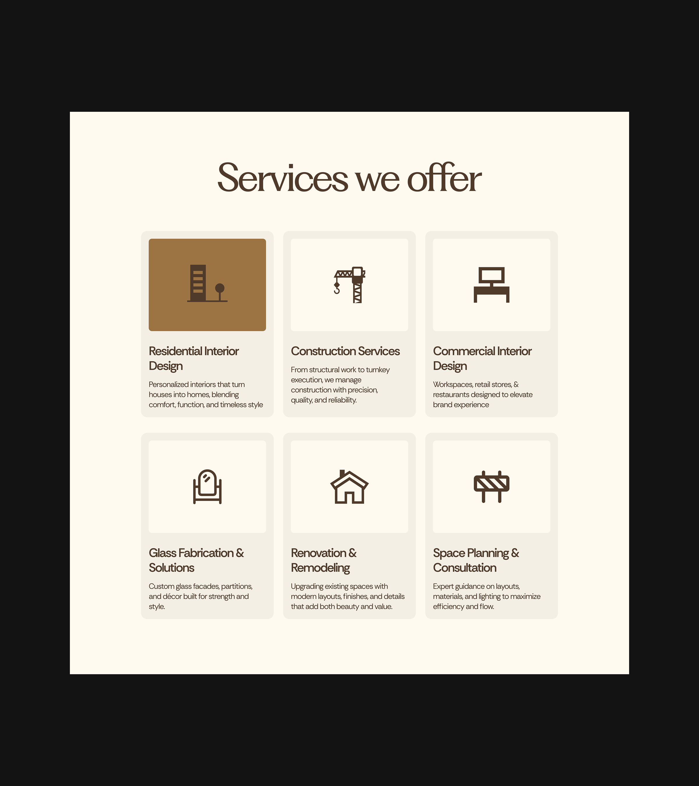 Sevices section for interior website design architecture big typography design studio website emon furniture interior website landing page lifestyle luxury minimal website real esatet website services section testimonial