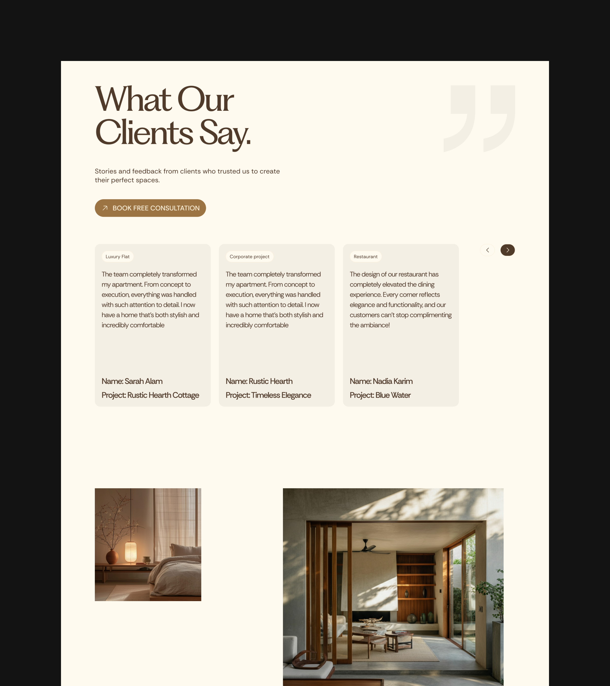 Testimonial for interior design website architecture emon furniture hero interior website lifestyle minimalist modern pitch deck real estate website responsive landing page services section testimonial section typography web design website designers