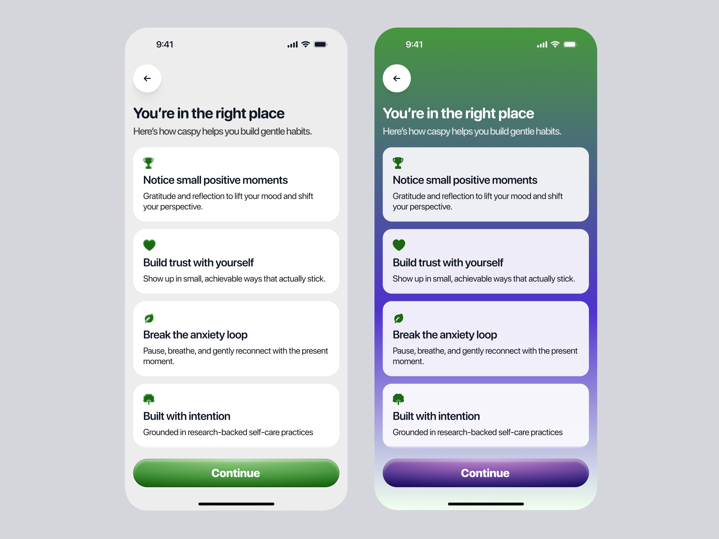 Caspy meditation app design breathing app design burnout app design gratitude journal app design health app design journal app design meditation app design mental health app design mindful app design mobile design mood tracker app design mood tracking app design self care app design streak app design