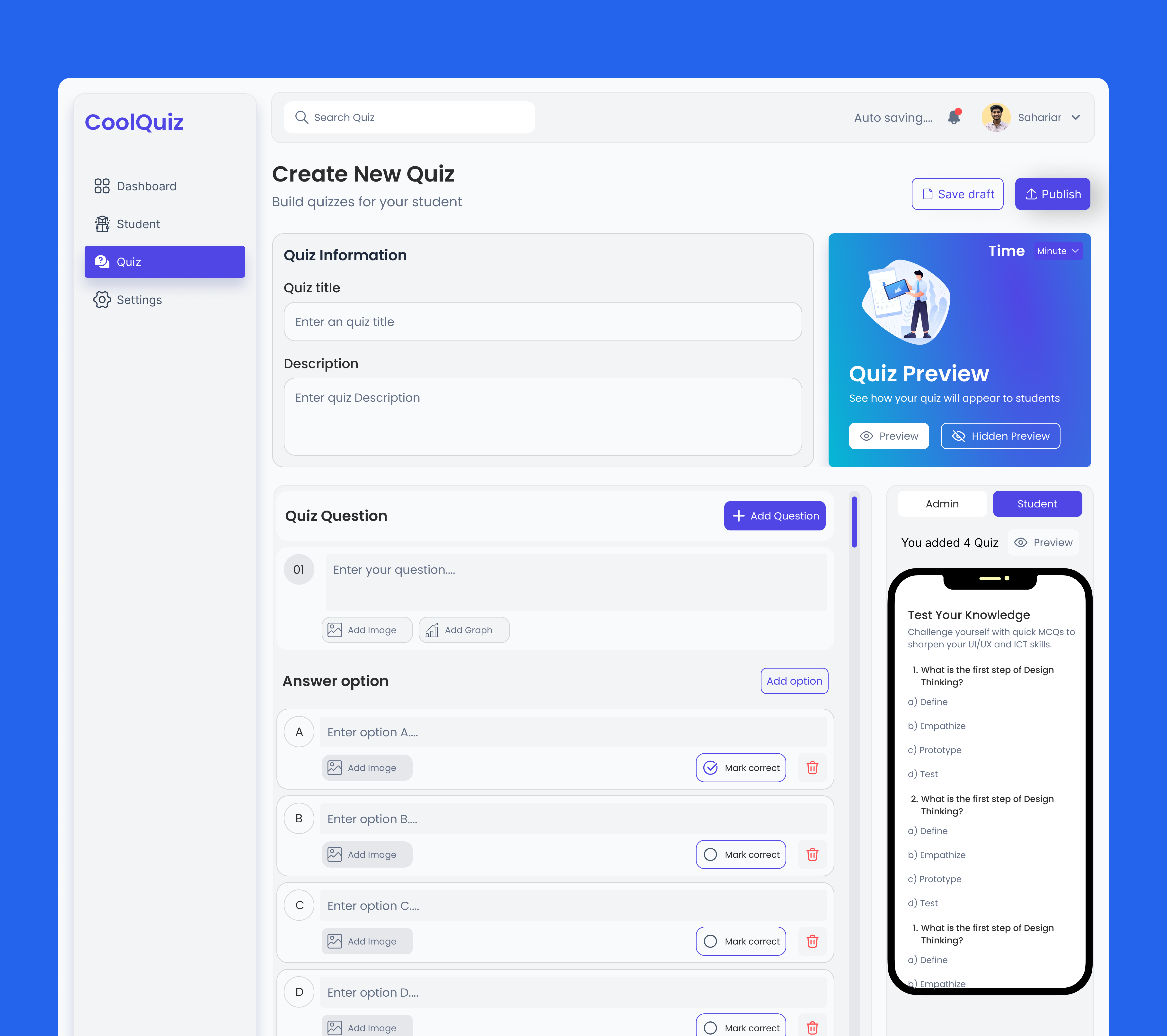 Quiz Builder LMS Dashboard UI/UX Design admin panel dashboard education app elearning figma lms modern ui product design quiz saas ui uiux designer ux web design