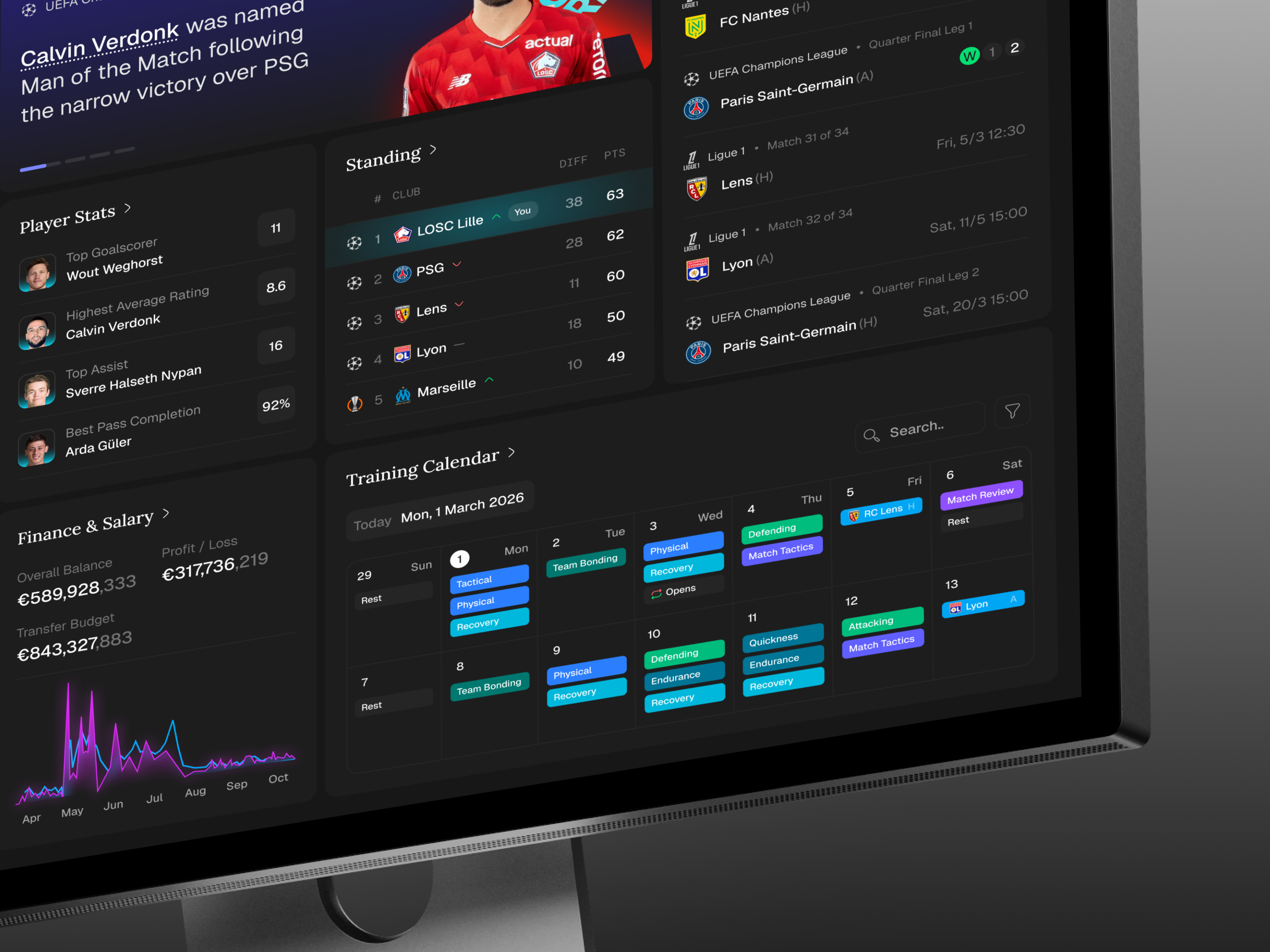Football Manager 26 Redesign admin analytics b2b clean crm dark mode dashboard design football interface product design saas software sport ui ui design uiux ux ux design web app
