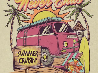 WHEN SUMMER NEVER ENDS apparel beach branding clothing graphic design handdrawn illustration logo retro summer surfing tshirt vintage