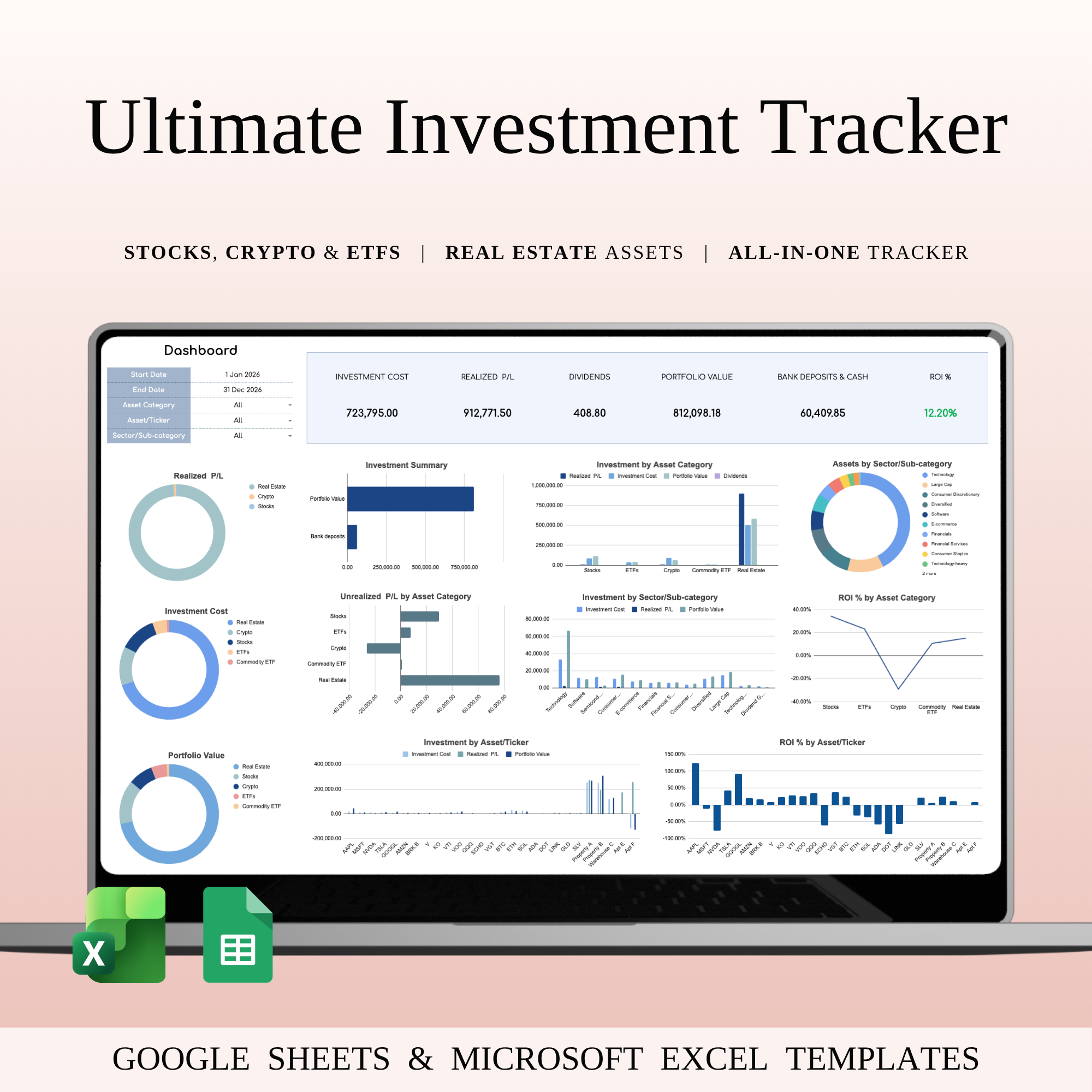 Ultimate Investment Tracker for Google Sheets & Excel bond market crypto investment digital products etf investing excel dashboard finance tips financial independence fire community google sheets investment strategy investment tools market insights money management net worth tracker portfolio analysis real estate investing smart money stock tracking trading journal wealth tracker