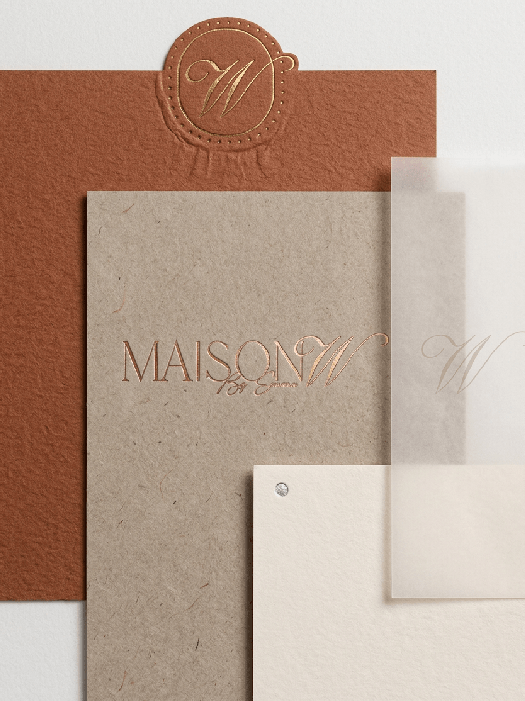 Maison W branding stationery beauty salon beige branding embossed logo luxe manucure paper stationery terracotta typography