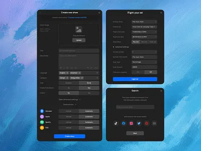 Search, Create New Episode, Modals clean clear create new dark modal podcast popup search settings show ui ux