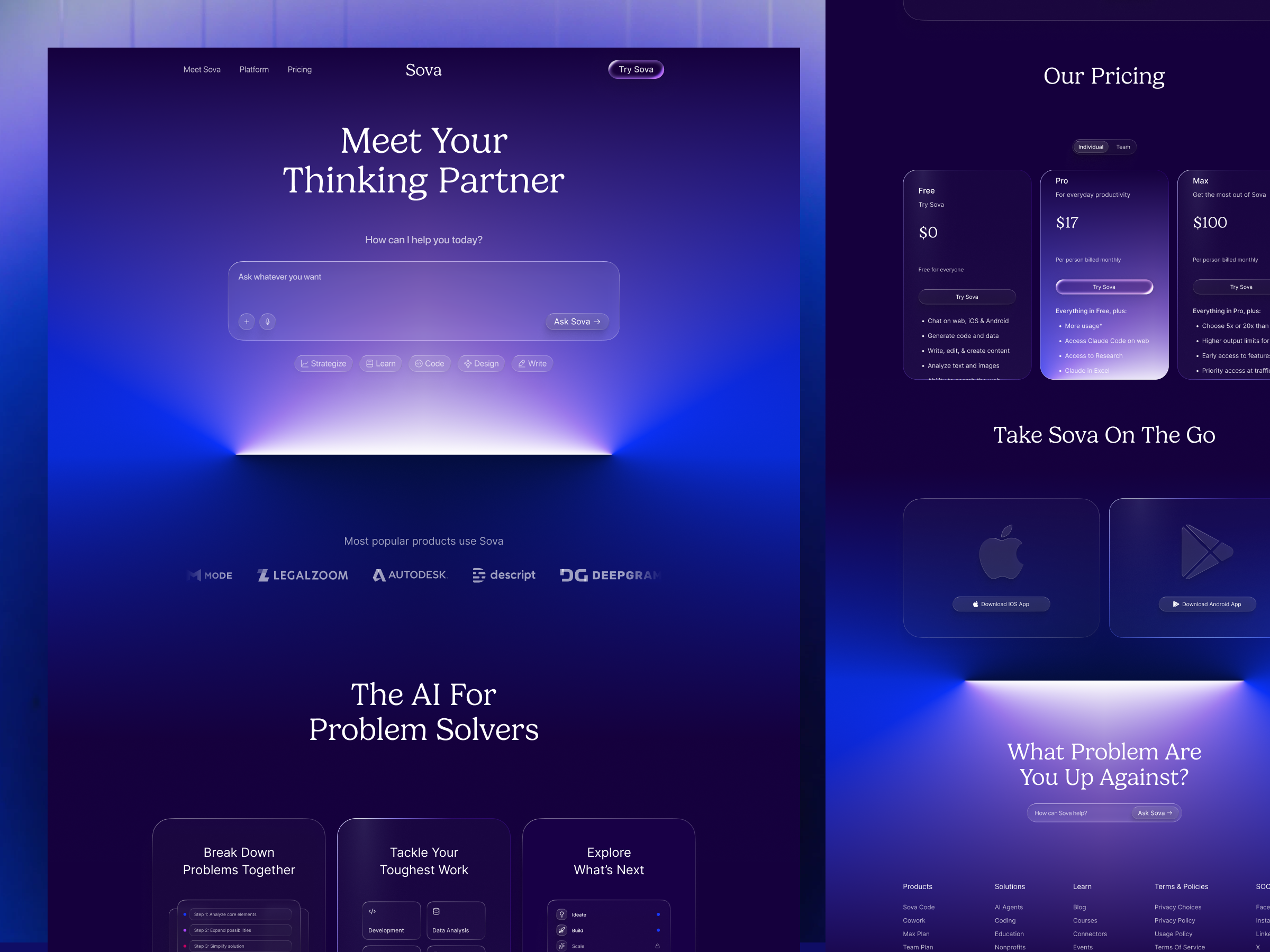 Example of Sova AI — Dark SaaS Landing Page Design