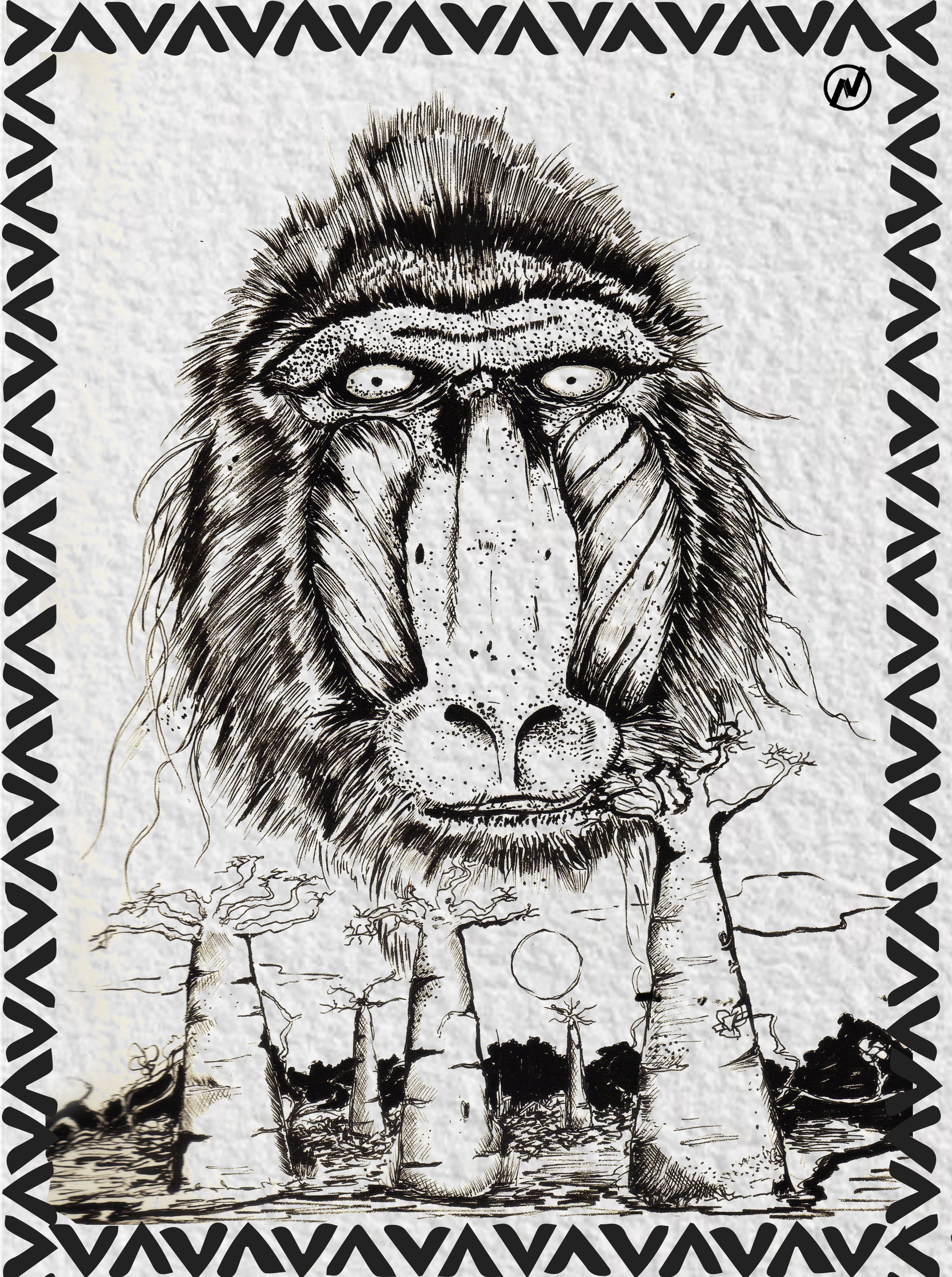 Afro Baboon Artwork- Pen and Ink 2d artist africa baboon drawing forest graphic design illust illustration monkey penandink