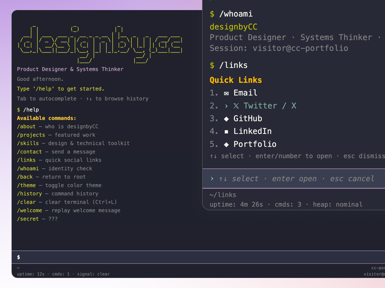 Terminal UI Portfolio (web concept) cli graphic design portfolio terminal text ui ux