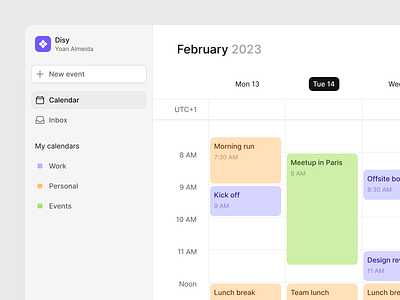 Disy — Calendar agenda appointment calendar clean daily routine date event minimalist organizer product design productivity reminder saas schedule sidebar time management ui ux