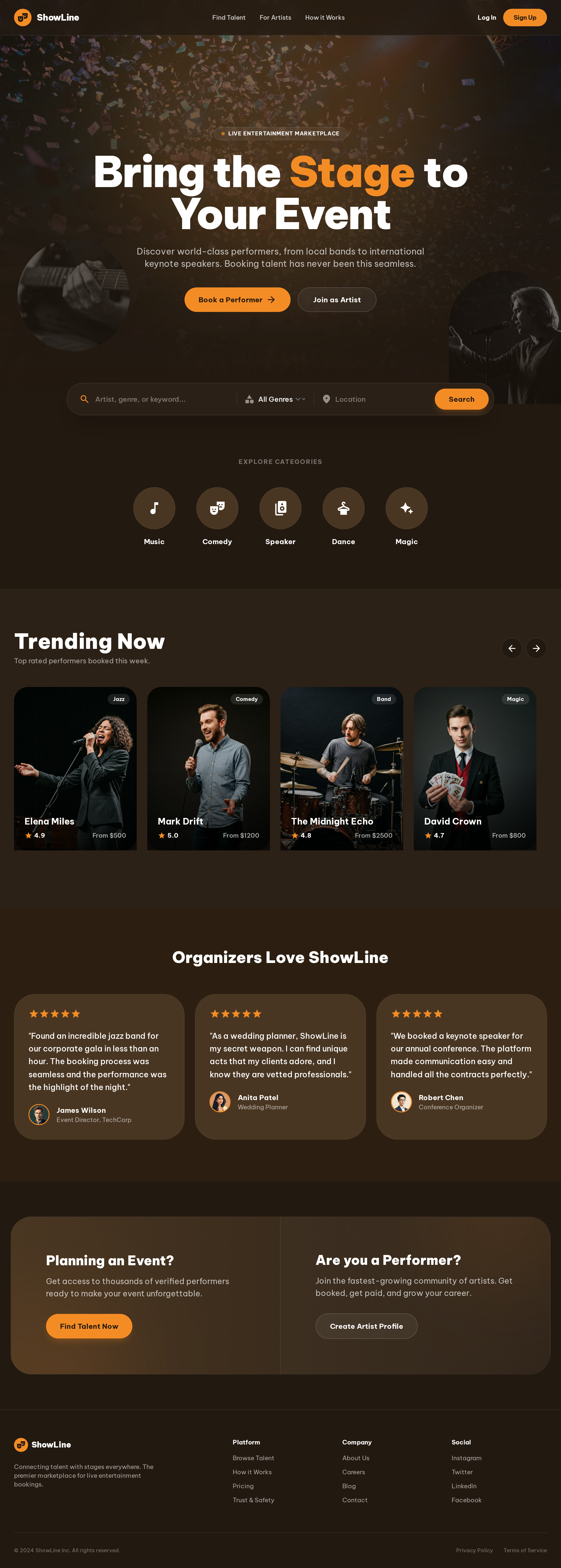 Performer Artist Show Booking Web Design artist booking graphic design show ui web