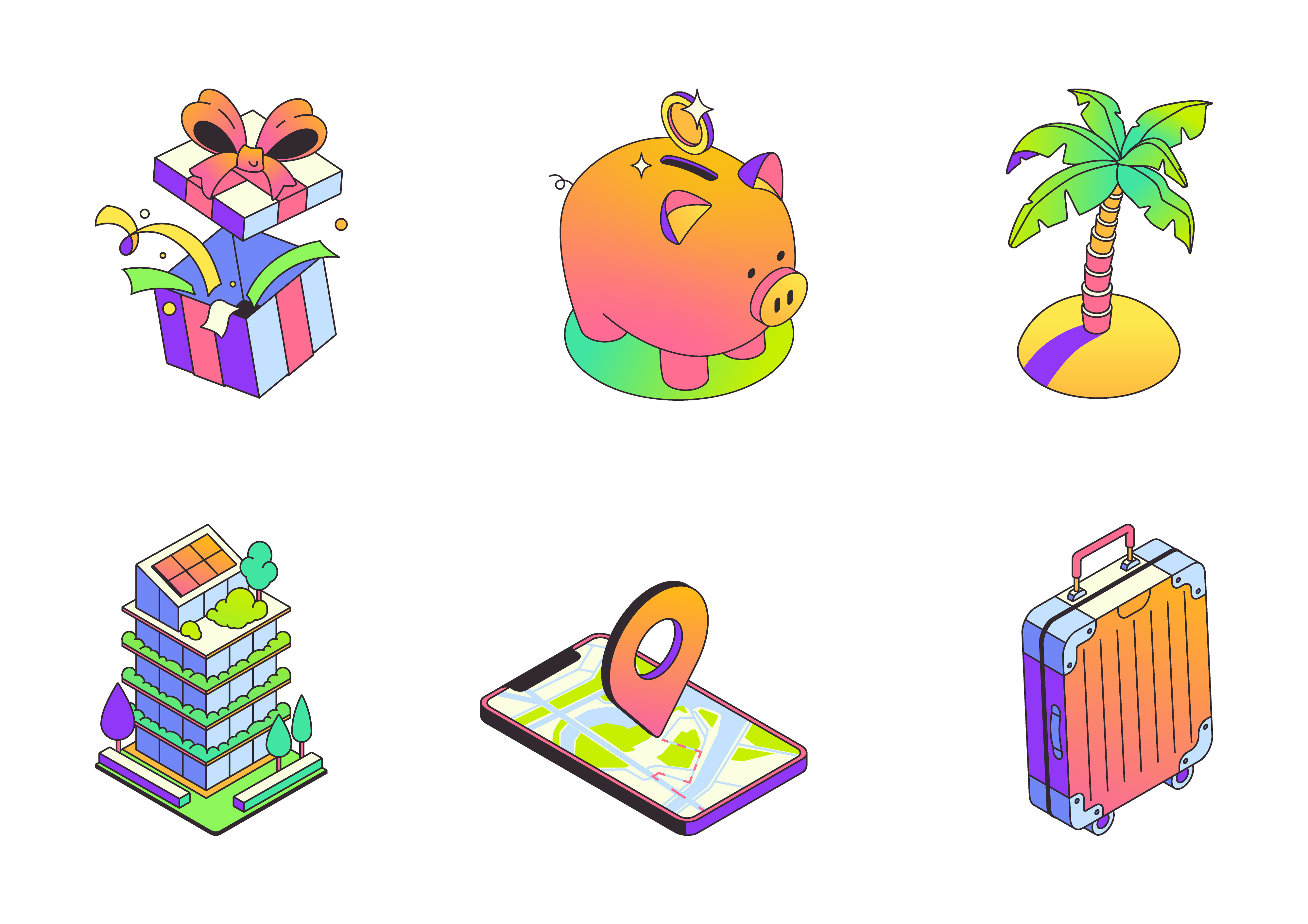 Colorful Isometric Icon Set — Finance, Travel & Lifestyle