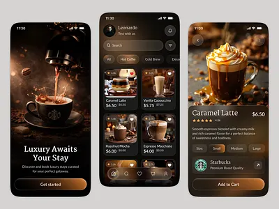Coffee Shop Mobile App UI/UX app design cafe app clean ui coffee app coffee shop app coffee ui dark mode figma design food delivery app ios mobile app ordering app restaurant app ui design ux design