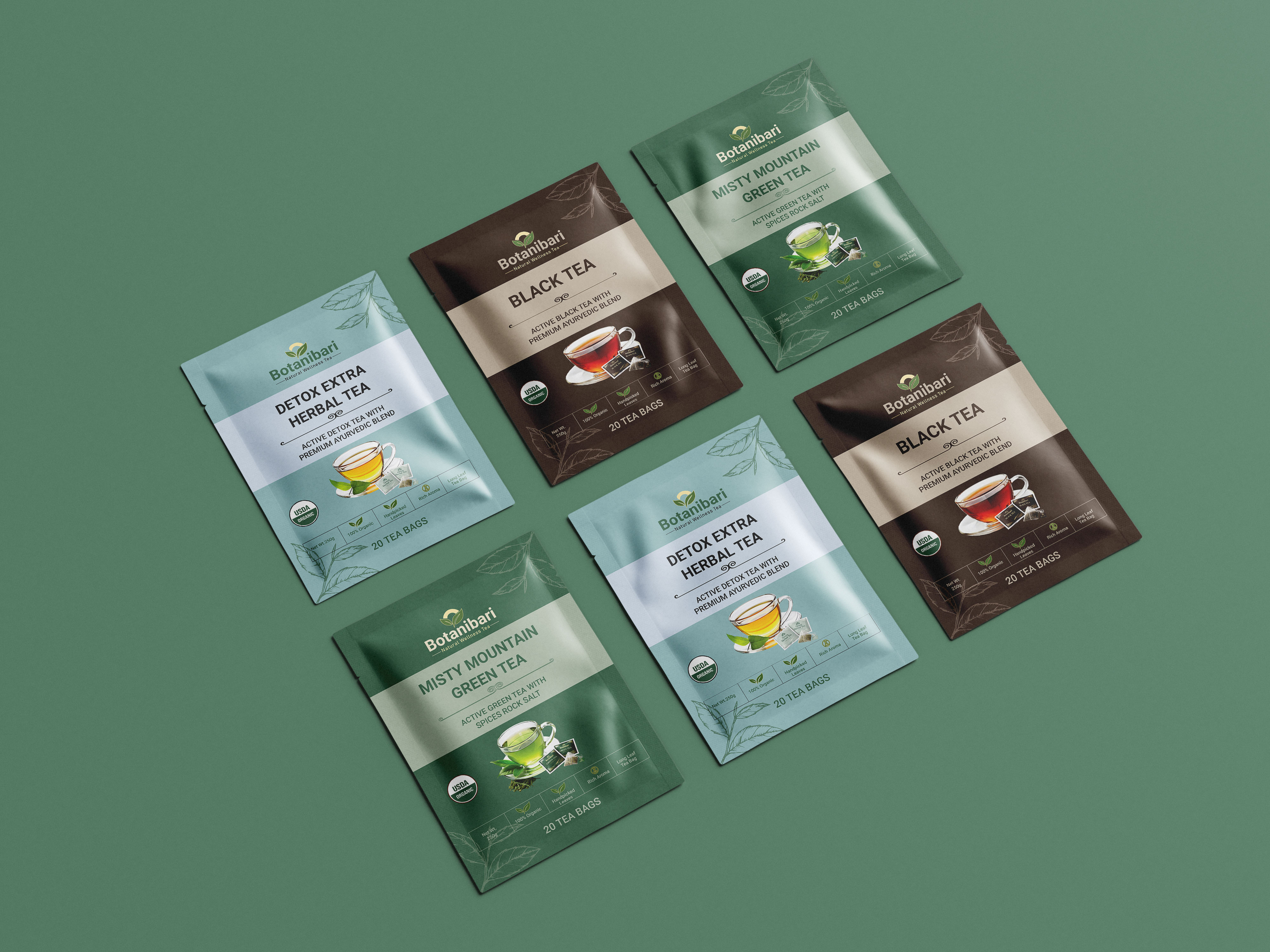 Botanibari Tea Pouch Packaging Design branding design food packaging graphic design herbal tea label design modern tea packaging organic packaging packaging design pouch design pouch packaging product label product packaging tea packaging tea pouch