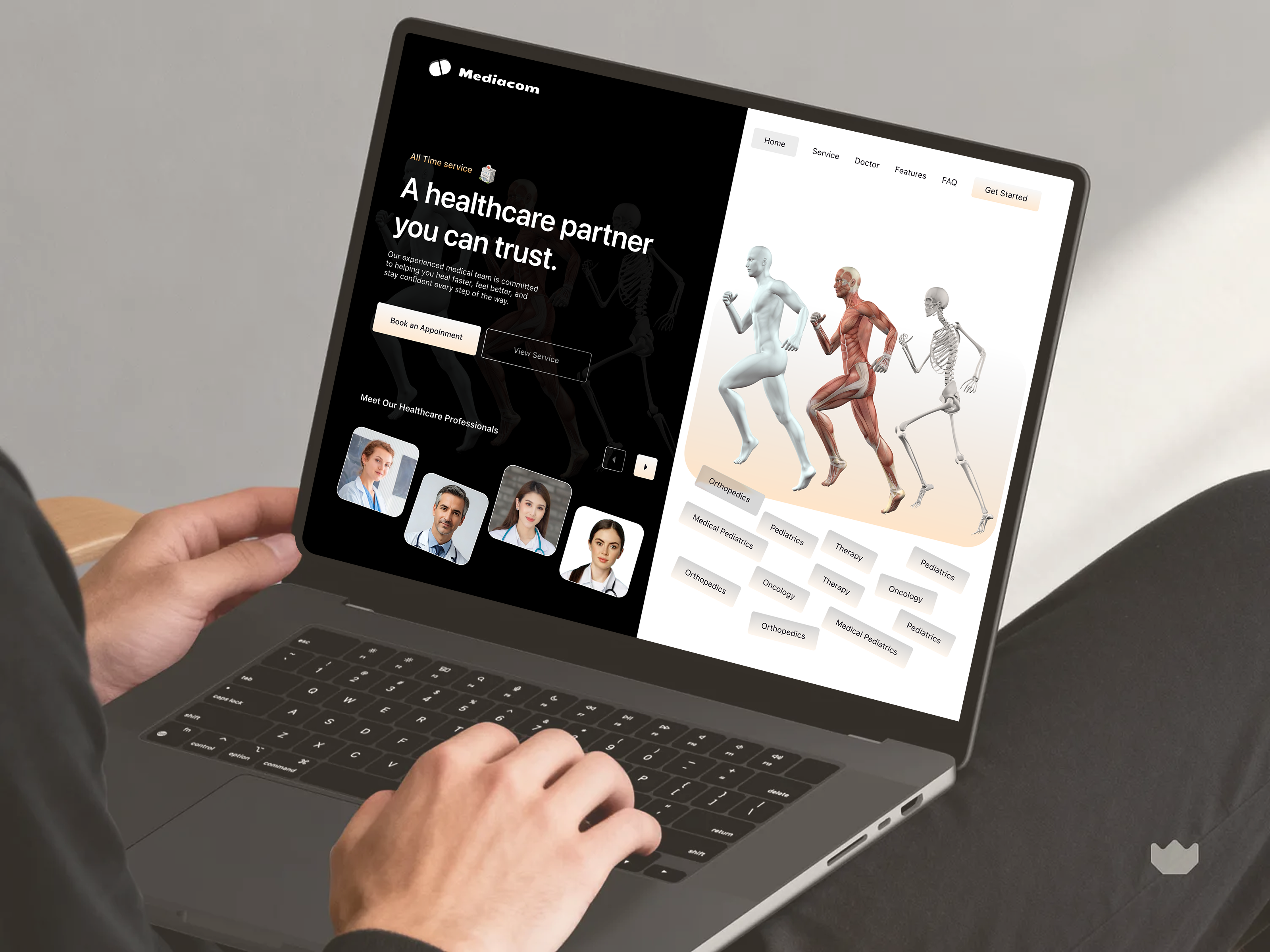Mediacom – Healthcare Landing Page UI clean design dark ui doctor app dribbble design figma design health app healthcare healthcare ui hospital website landing page medical ui medical website minimal ui modern ui product design ui design user experience user interface ux design web design