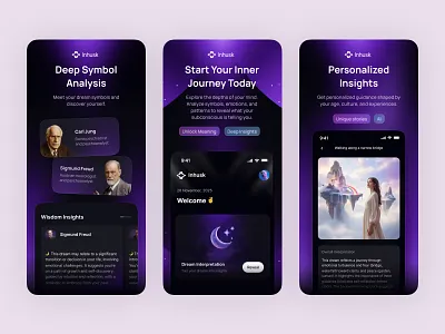 App Store Screenshots | Inhusk ai ai assistant app design app store astrology app branding dark ui purpule subconscious