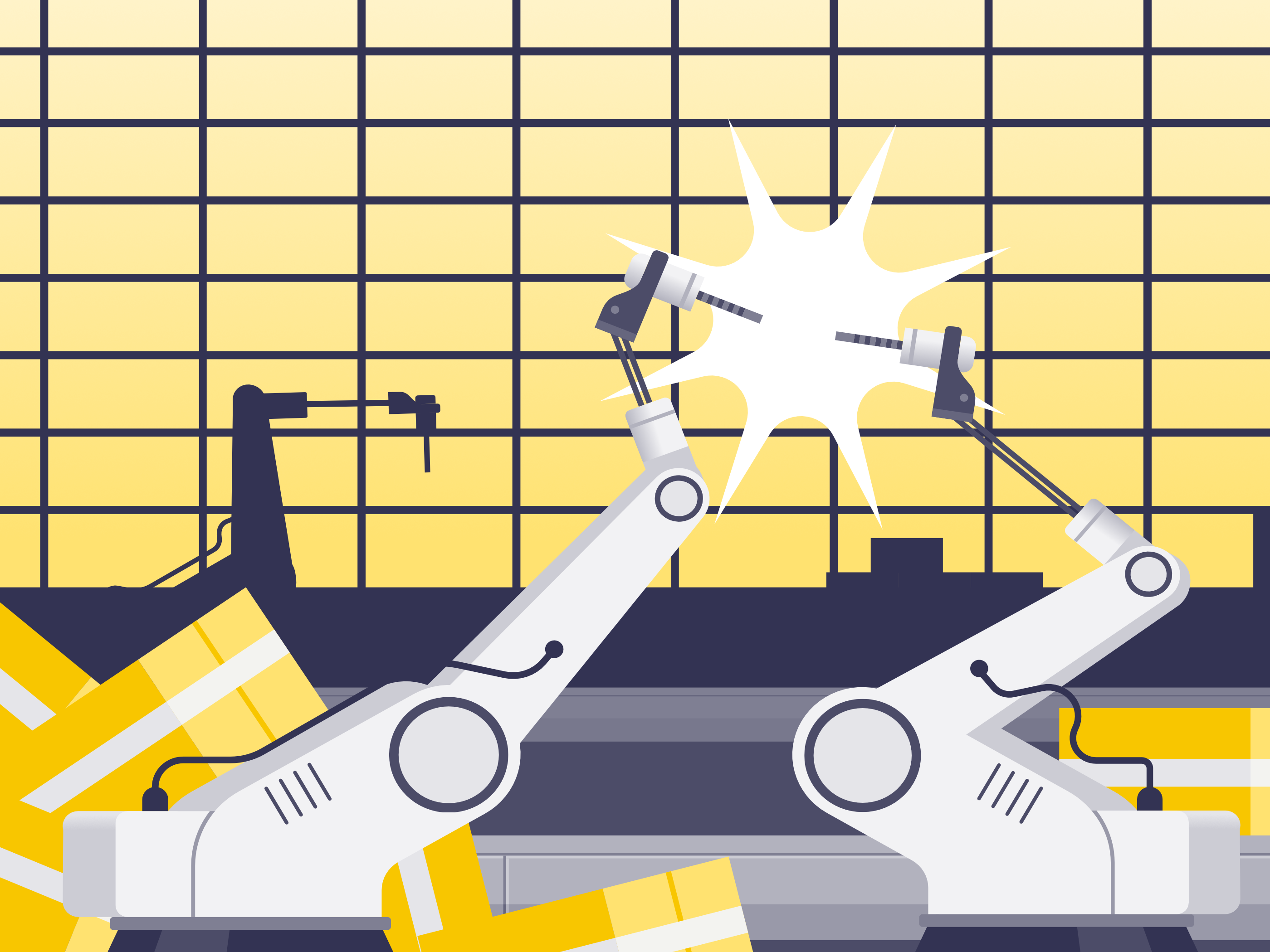 Siemens CityGuard — Story Card assembly line building factory glitch hack illustration malfunction robots