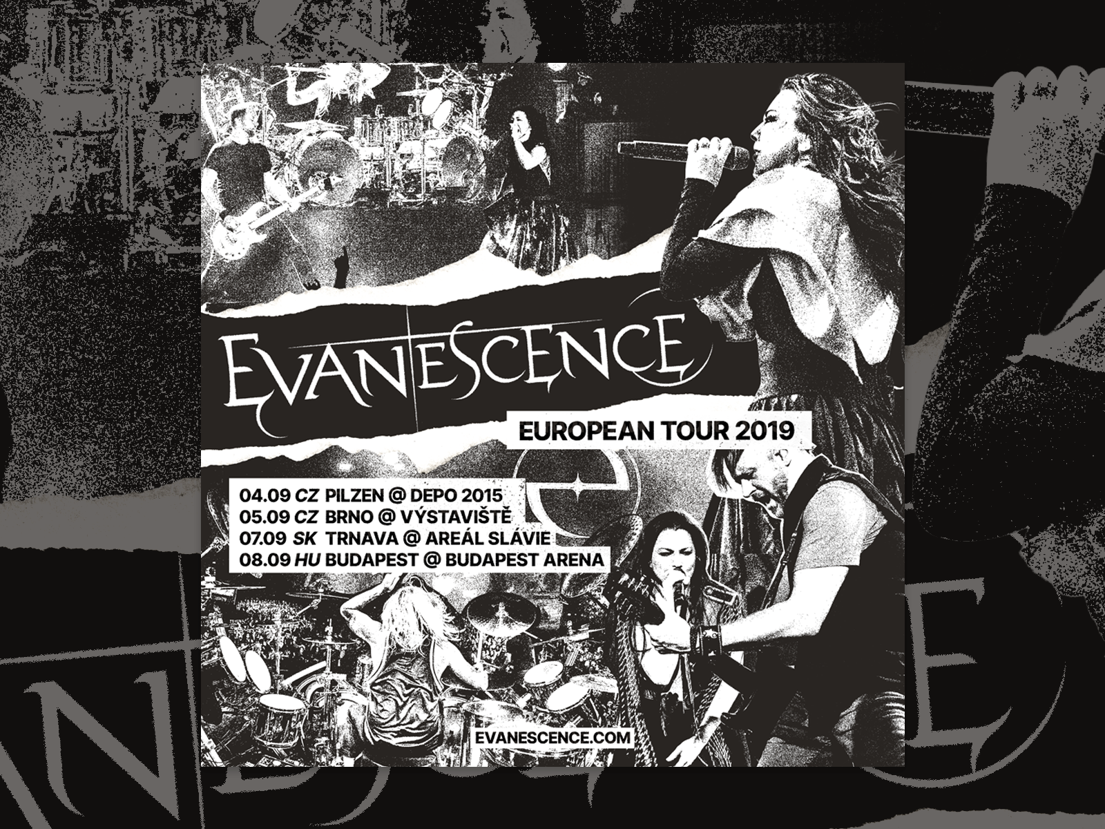 Evanescence — European Tour Poster Archive (2019) artwork collage evanescence experimental gigposter graphicdesign musicindustry nahueconsiglio posterdesign print texture tourposter visual arts