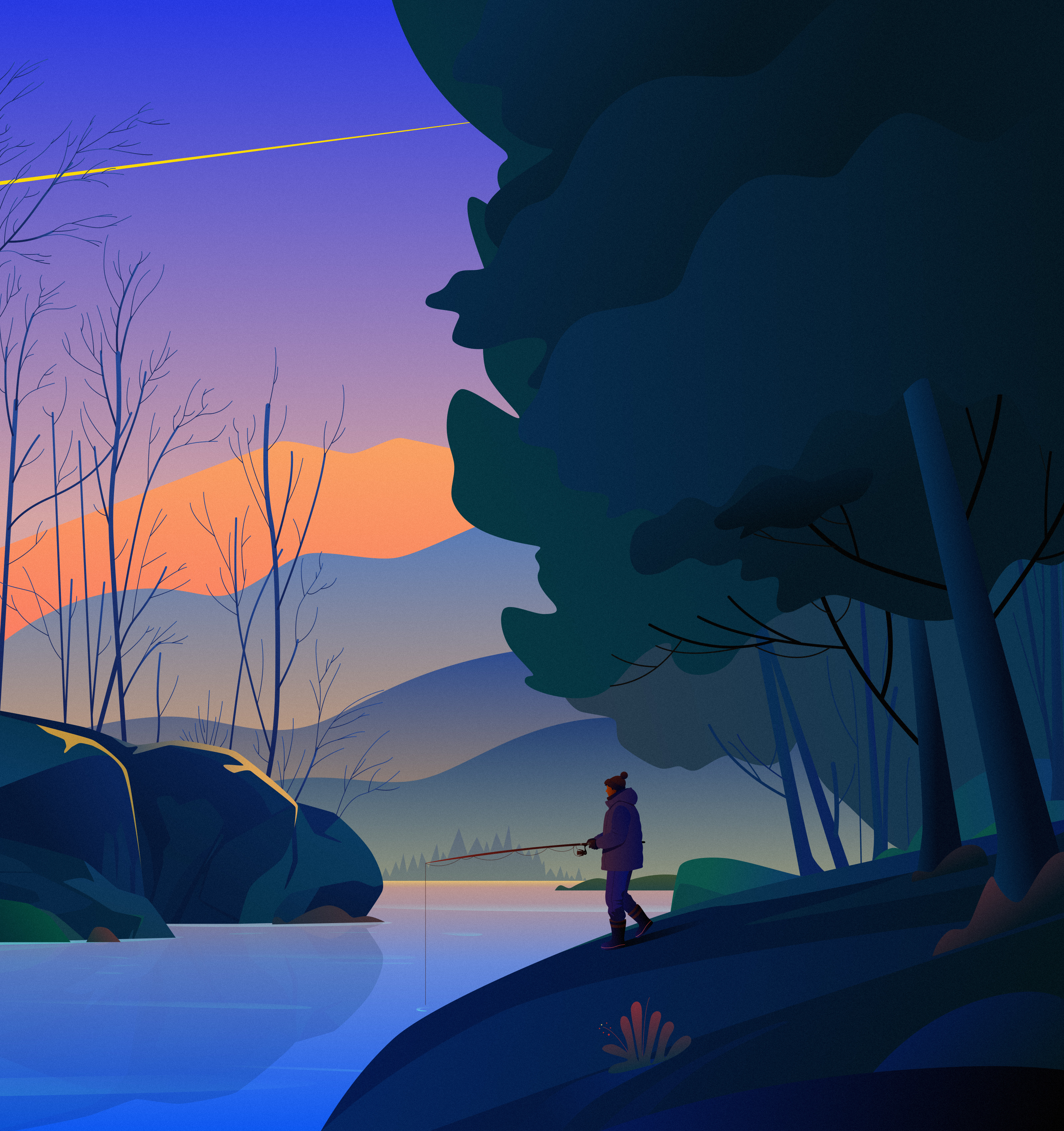 The Angler advertise blue cloud design digital art digital illustration draw fishing illustration landscape mountain nature outdoor painting people poster print sky tree vector illustration