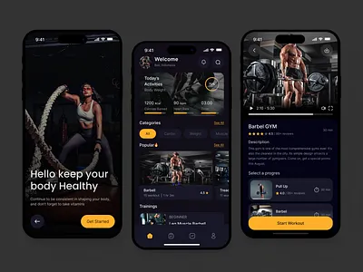 Fitnice - Fitness & Workout Mobile App activity app body daily dark darkui exercise fitness gym habit health mobile mobile app schedule sport tracking ui ux wellness workout