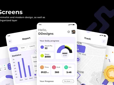 Fitness Tracker App UI Kit – Step Counter, Health Dashboard activitytracker appui cleanui dashboardui figma fitnessapp fitnessui healthapp healthdashboard healthtech minimal mobileappdesign modern stepcounter uidesign uikit uiux uxdesign wellness workoutapp