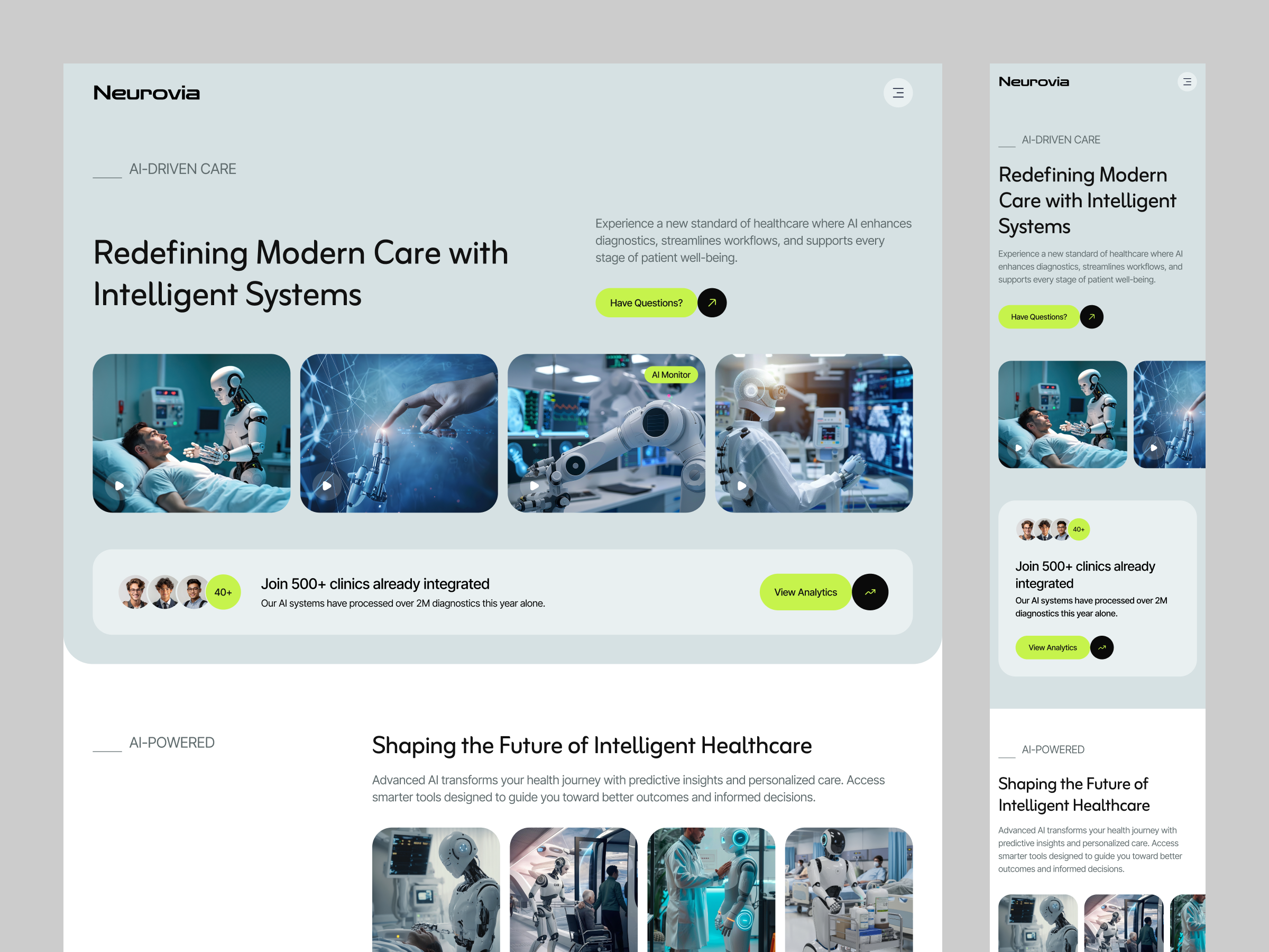 AI Driven Healthcare Landing Page Design ai ai care clean design health care interface landing page minimal mobile mobile responsive modern modern care responsive startup ui ux web design website