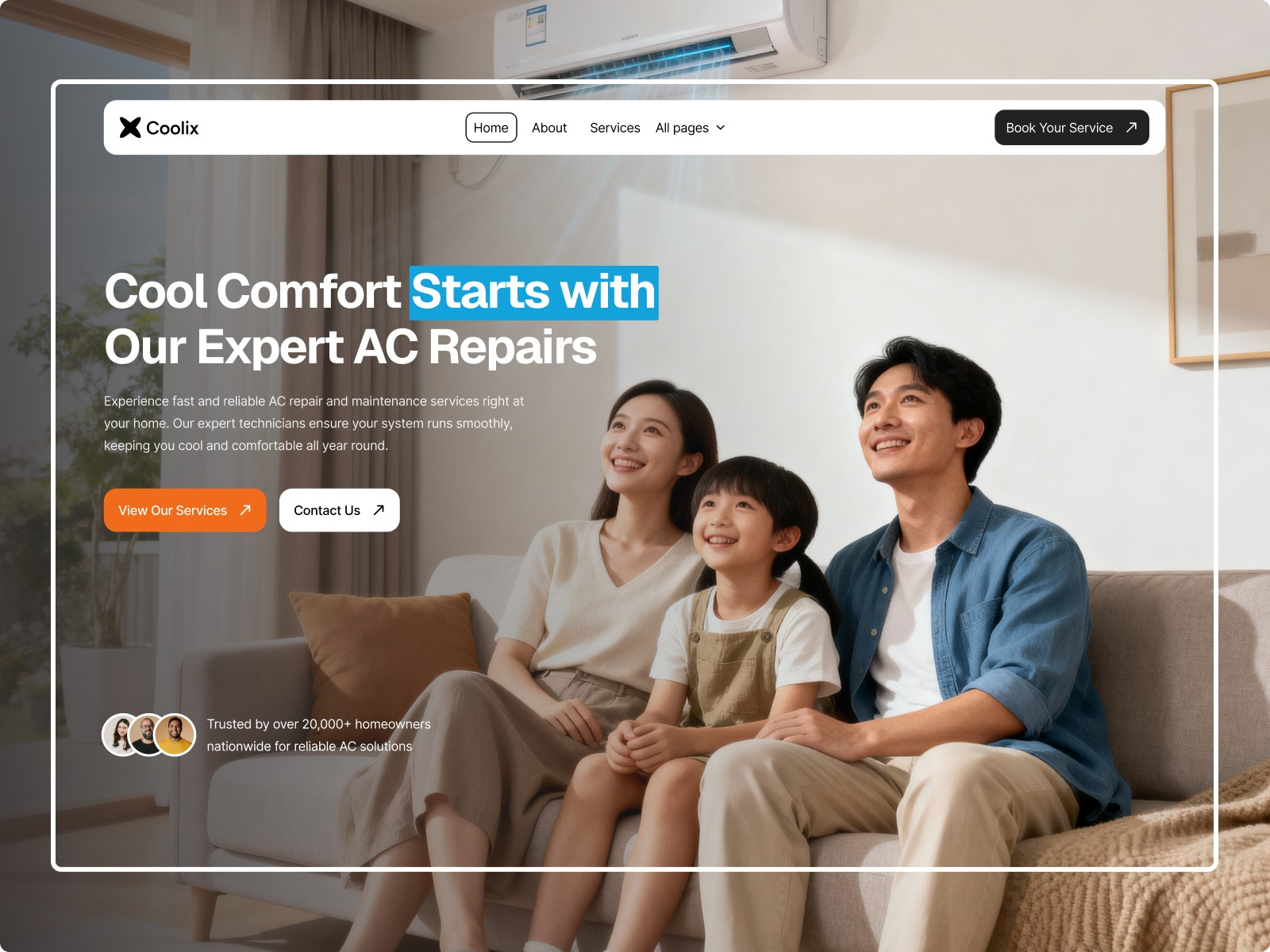 AC Service About Page ac ac cleaning ac services air condition cooling services figma framer home services hvac repair hvac website modern design repair services repair website service booking service website uiux web design webdesign website