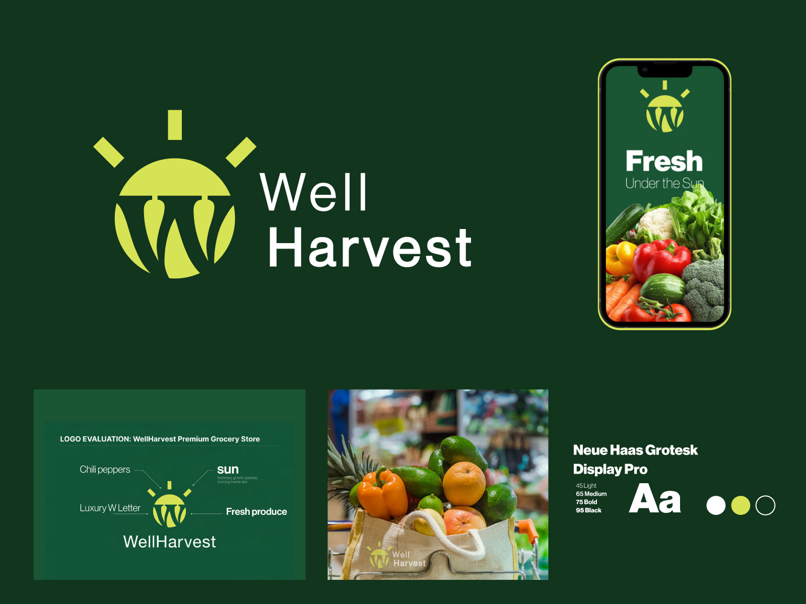 WellHarvest — Premium Grocery Store Logo & Branding branding design food branding grocery logo grocery store logo healthy food branding letter logo logo logo identity logos monogram logo natural food logo organic grocery premium logo print produce logo sun logo supermarket logo vector vegetable logo