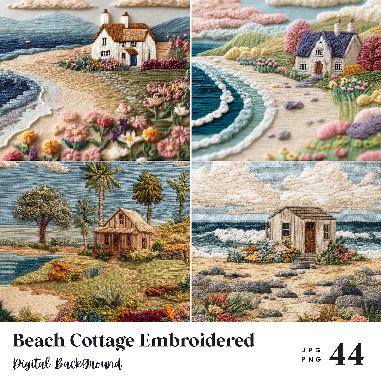 Beach Cottage Embroidered Digital Background