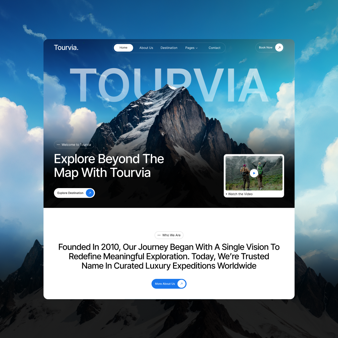 Tourvia — Full Project Overview & Design Details creative direction design process design system digital design framer framer template full project landing page design modern web design project overview tour operator website travel agency travel ui travel website ui design ui ux design web design web design project web development website design
