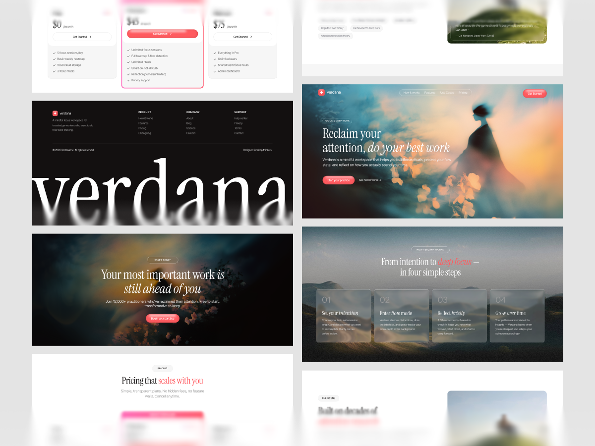 Verdana — Focus-Driven Landing Page calm landing page dreamy mode landing page landing page mental health ui mental health website modern landing page popular landing page popular website ui