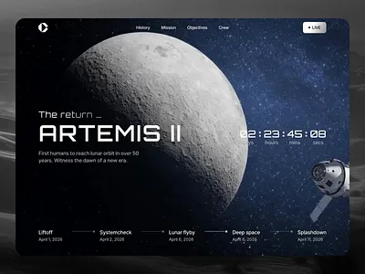 Space | Space Technology | Landing Page Concept | Web Design animation artemis astronaut astronomy cosmic dark mode landing page design main page modern design nasa product design responsive design space space mission space technology storytelling ui ux web design web interface design web page design