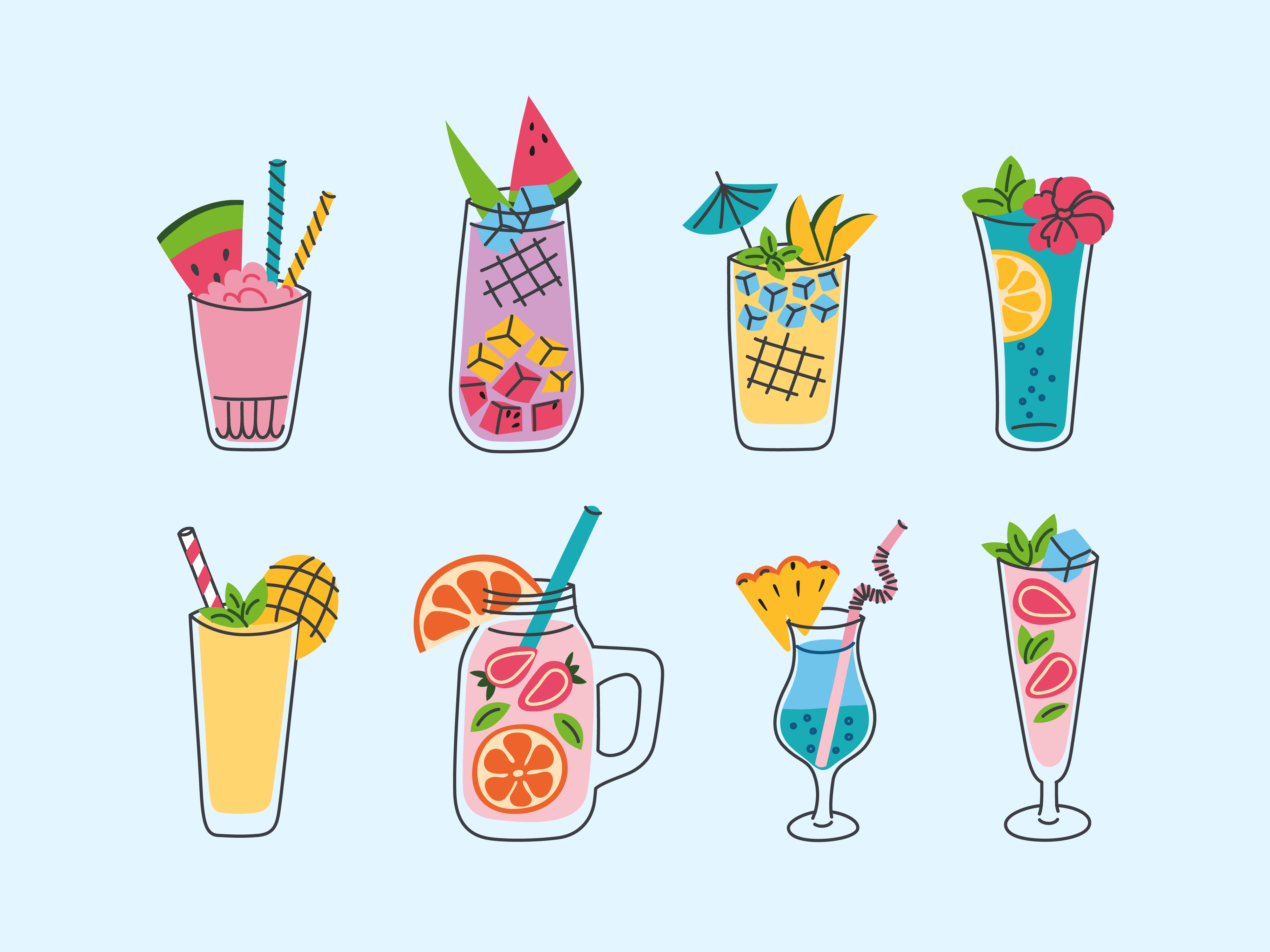 Summer Cocktails bar beverage bright clipart cocktail collection colorful cute drink flat food fresh fruit illustration menu set summer tropical vector
