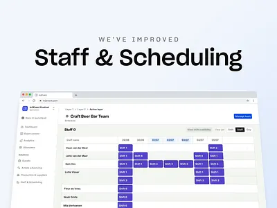 In2event — Staff & Scheduling crew management dashboard event production plan planning tool product design product video schedule shift staff timeline