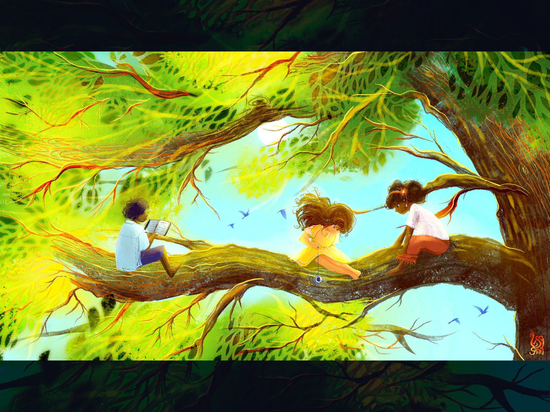Summer Children’s Book Illustration | Children in a Sunlit Tree children book children characters childrens book illustration childrens book illustrator kidlit art kids at play sunlit summer scene