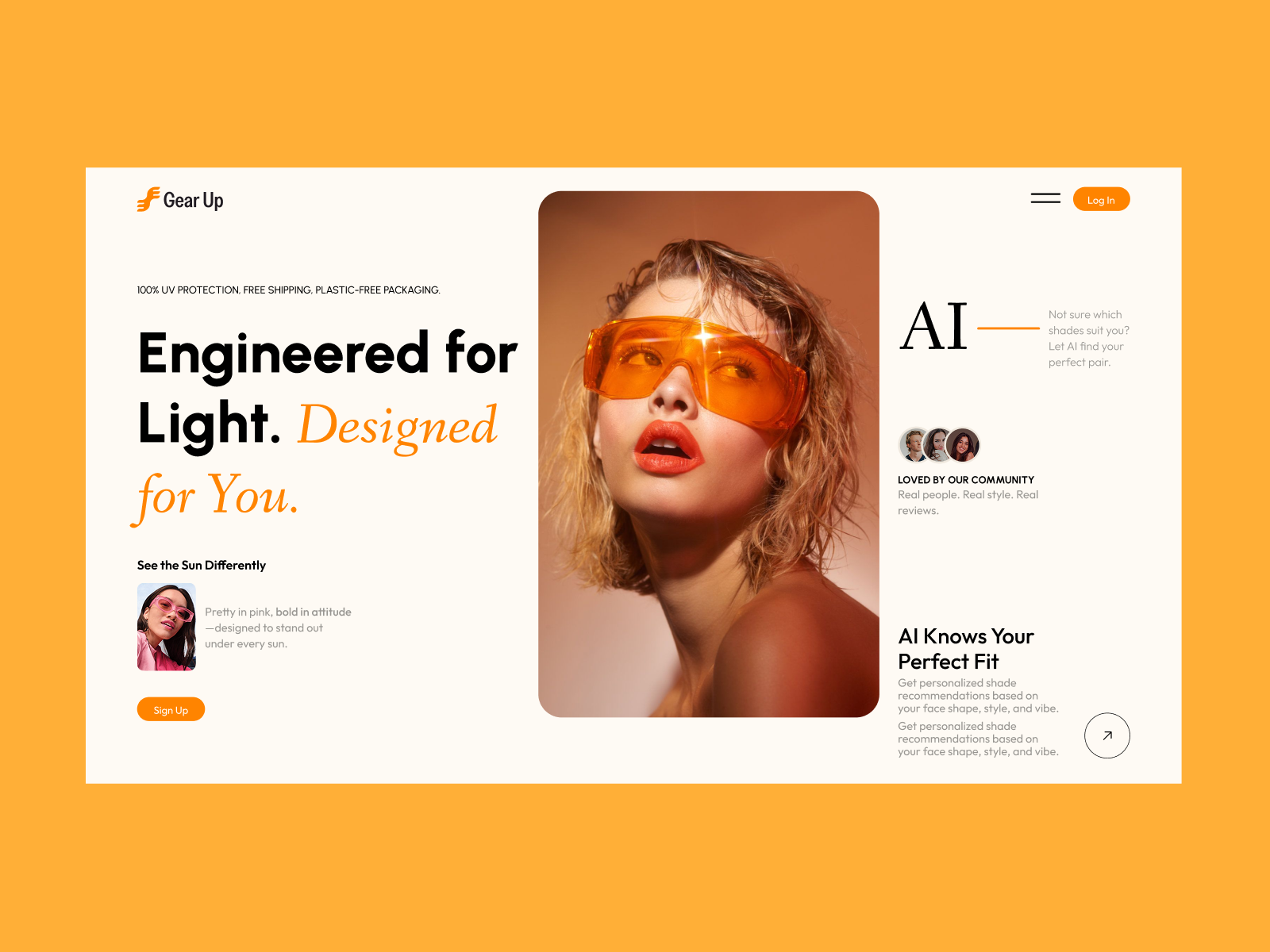 AI Eyewear E-commerce Landing Page — Style & Conversion UI ai ai ecommerce ai shopping bold typography conversion design ecommerce ecommerce website editorial design eyewear eyewear website fashion ecommerce fashion ui fashion website hero section landing page product discovery shopping website sunglasses ui design web design