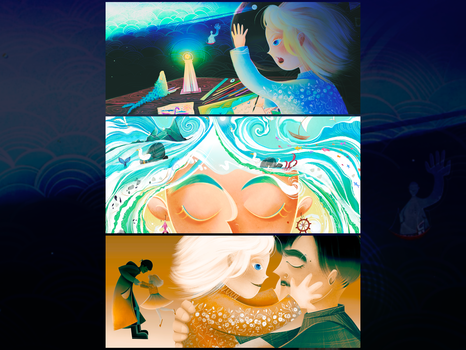 Elsie and the Miracles of Newfoundland | Narrative Picture Book character design children book childrens book illustration childrens book illustrator daughter and father moment dreamy illustration emotional illustration family reunion scene heartwarming childrens book art kidlit art narrative art picture book illustration sea art whimsical kidlit art