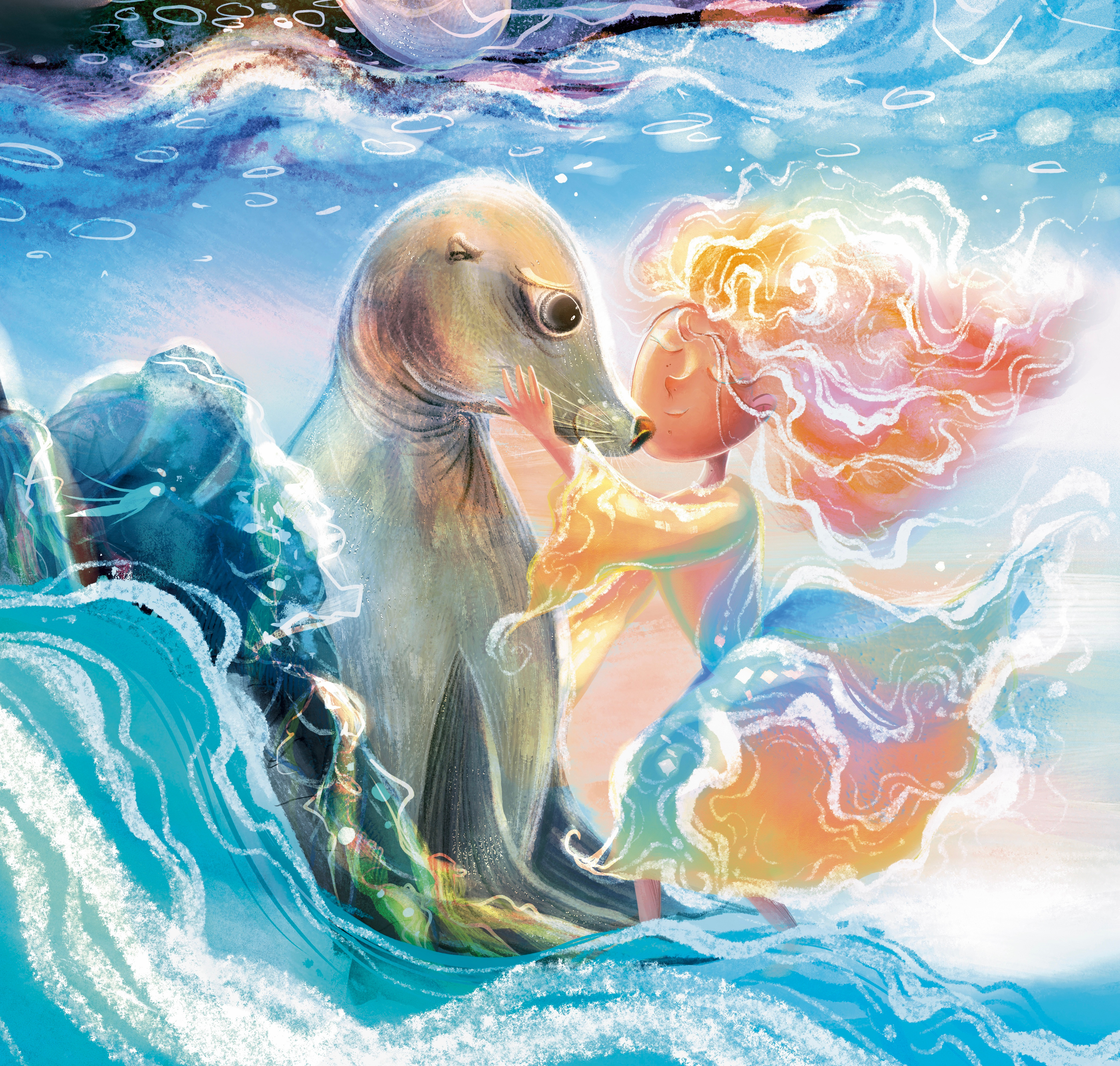 Ula, a Child of the Sea | Ocean Fantasy Picture Book Art children book childrens book illustration childrens book illustrator cozy magic illustration dreamy sea illustration kidlit art magic girl character picture book illustrator sea princess seal character soft pastel