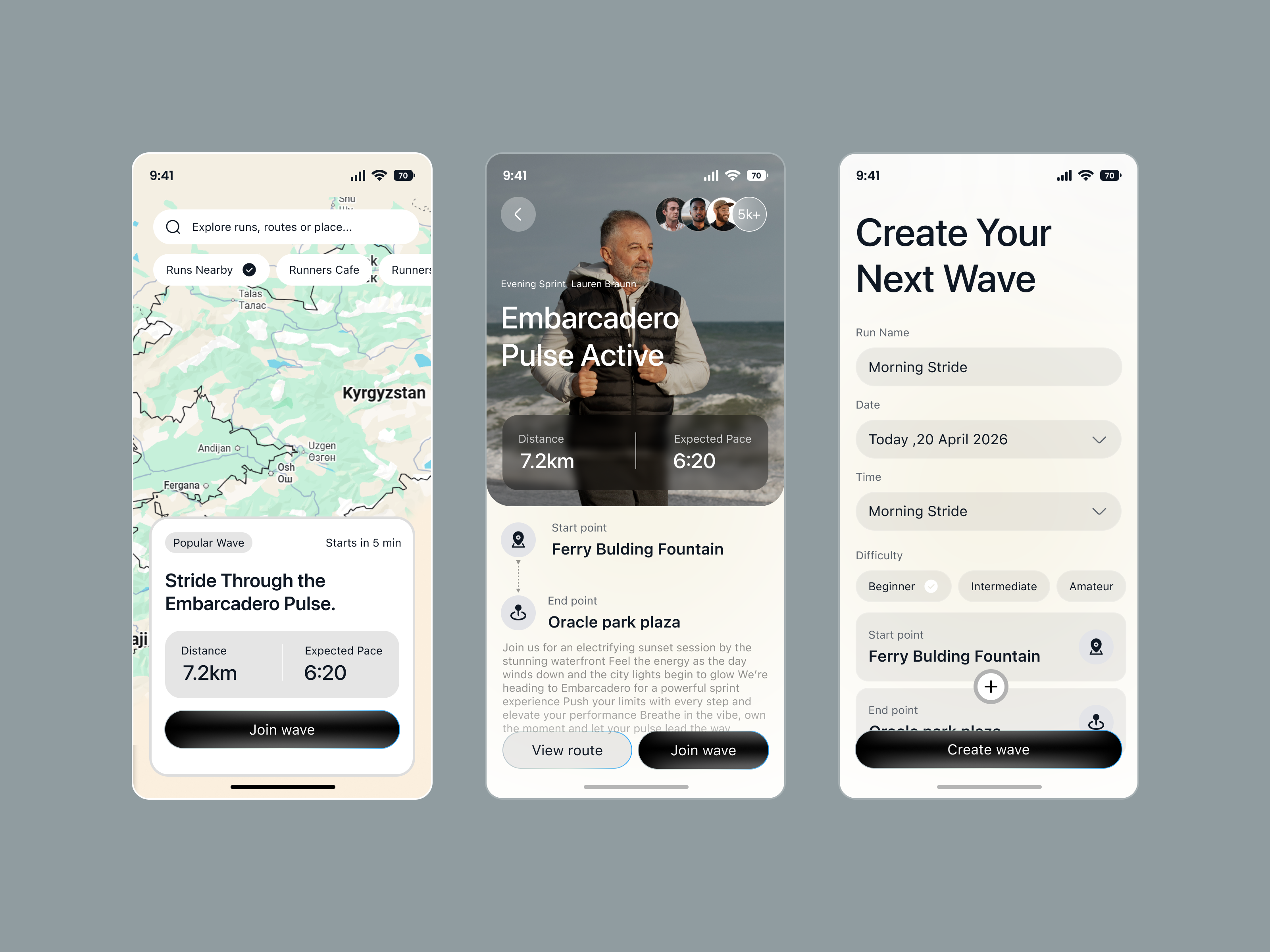 Wave Fitness Mobile App – Run Tracking UI app design card ui clean ui dark ui dribbble shot figma design fitness app glassmorphism minimal design mobile app design mobile ui modern ui running app sports app ui design ui inspiration user experience user interface ux design workout app