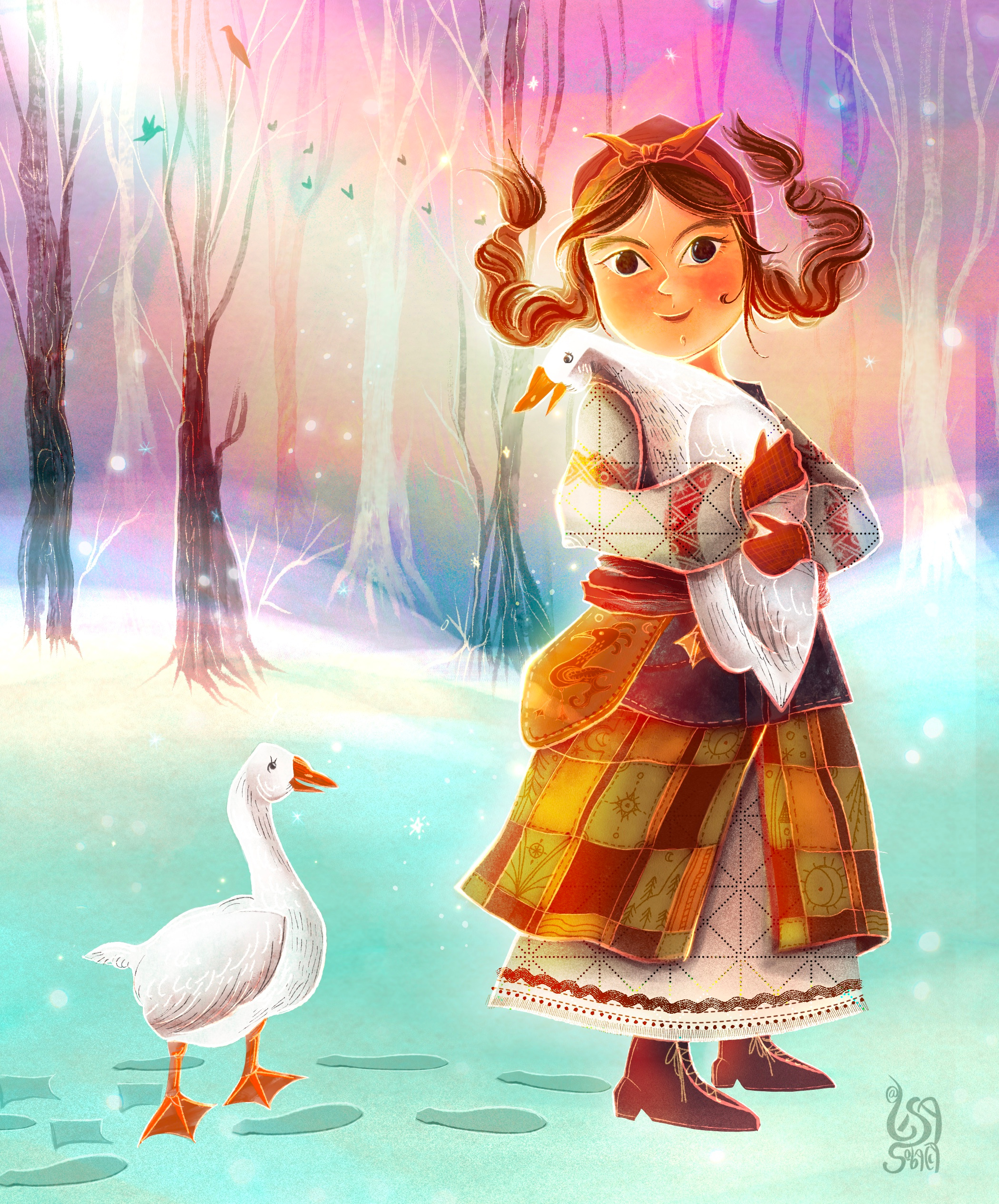 Ukrainian girl with a goose | cartoon character childrens book illustration childrens book illustrator cute girl character cute goose character kidlit art ukrainian national clothes winter wonderland woodland magic scene