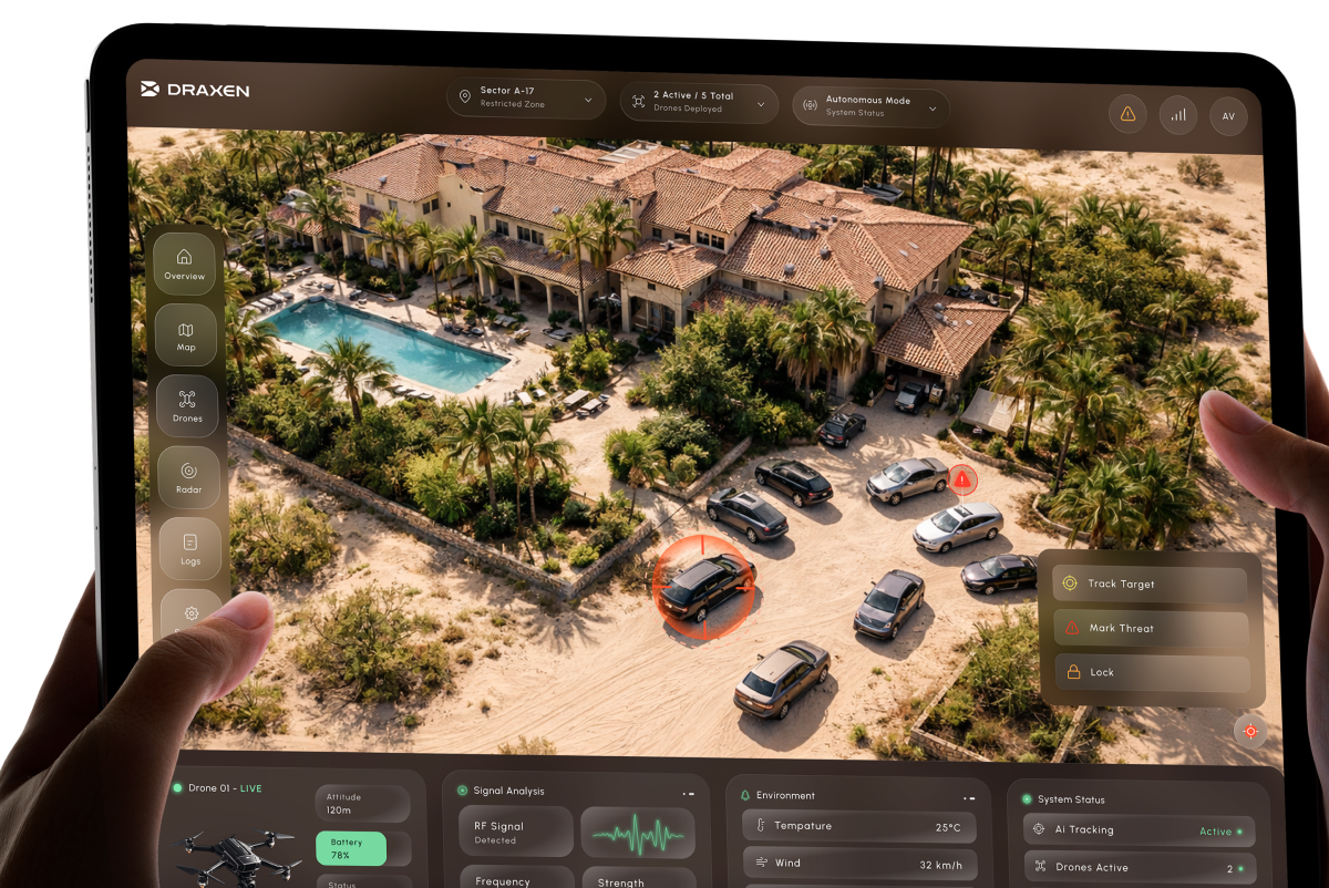 Draxen Drone - Branding Dashboard UIUX ai interface app design control system dark ui dashboard ui data visualization defense tech drone dashboard drone ui futuristic ui interface design military ui minimal ui mobile ui product design real time ui saas ui system design ui design ux design