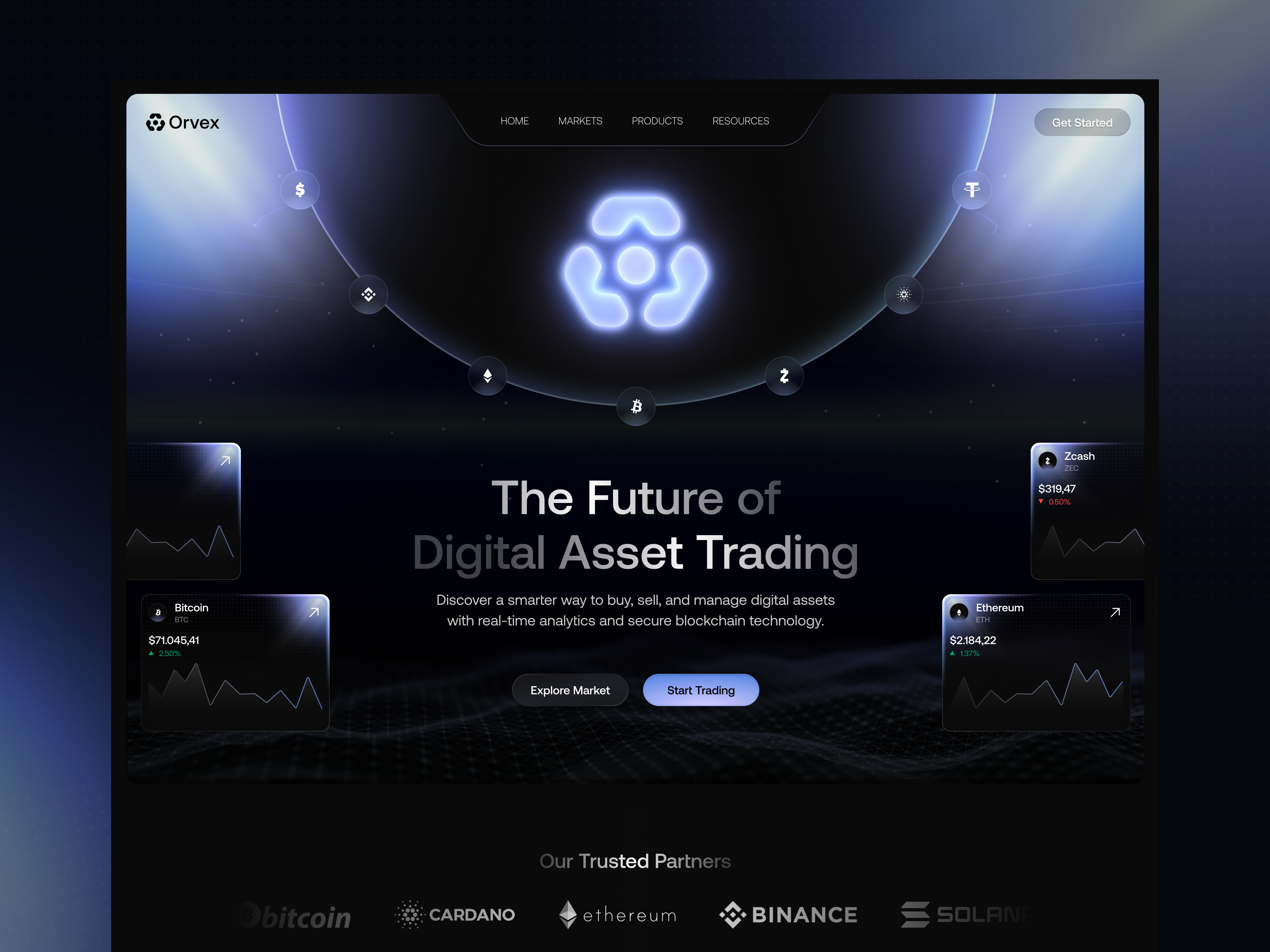 Orvex - Crypto Landing Page blockchain crypto crypto trading cryptocurrency dark mode design emura studio fintech galang andhika graphic design illustration landing page logo neon glow saas trading platform ui visual identity web3 website design