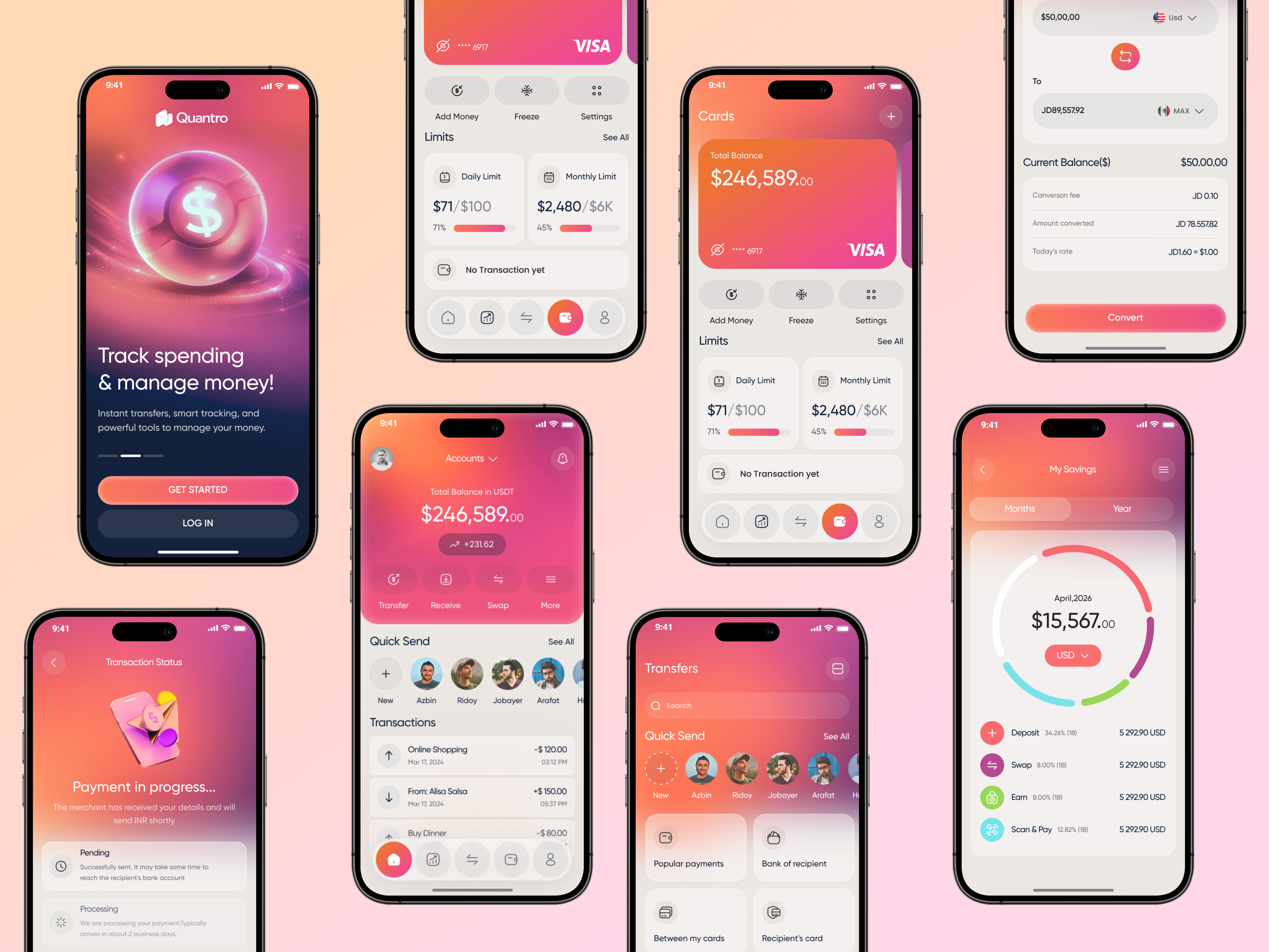 Quantro Finance App — Wallet & Savings Full UI app design banking app crypto app crypto wallet dashboard finance finance app fintech gradient ui ios app mobile app mobile app design modern ui money management savings ui ux ux design wallet app