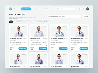 Find Doctors – Healthcare Appointment Dashboard UI appointment booking clinic management doctor booking doctor directory doctor discovery doctor listing doctor search ehr system find doctors healthcare app healthcare dashboard healthcare platform healthcare software healthtech hospital system medical app medical dashboard medical ui patient management telemedicine