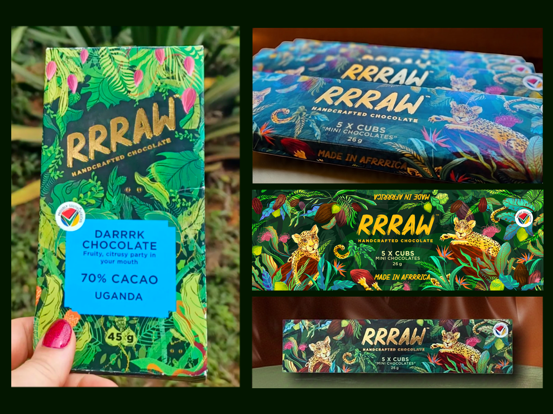 Chocolate Packaging Design | RRRAW Tropical Food Branding branding chocolata label design chocolate bar packaging design jungle themed packaging design south african design tropical motifs
