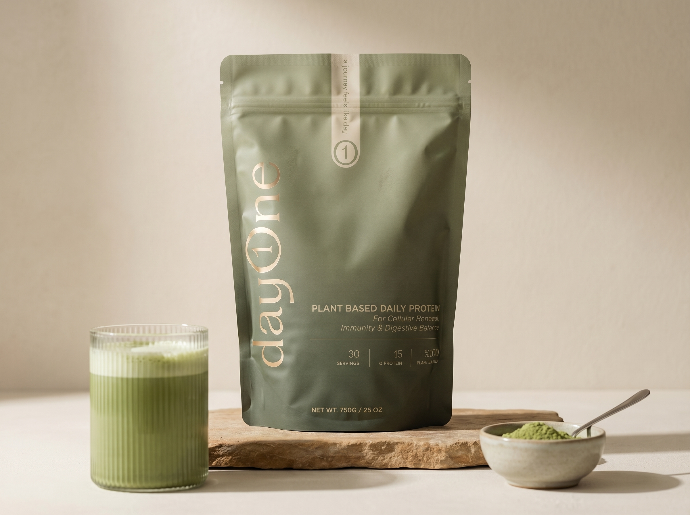 Dayone — Daily Protein branding elegant gummies healthcare healthy high end luxury package packaging plantbased pouch premium protein supplement vitamins women