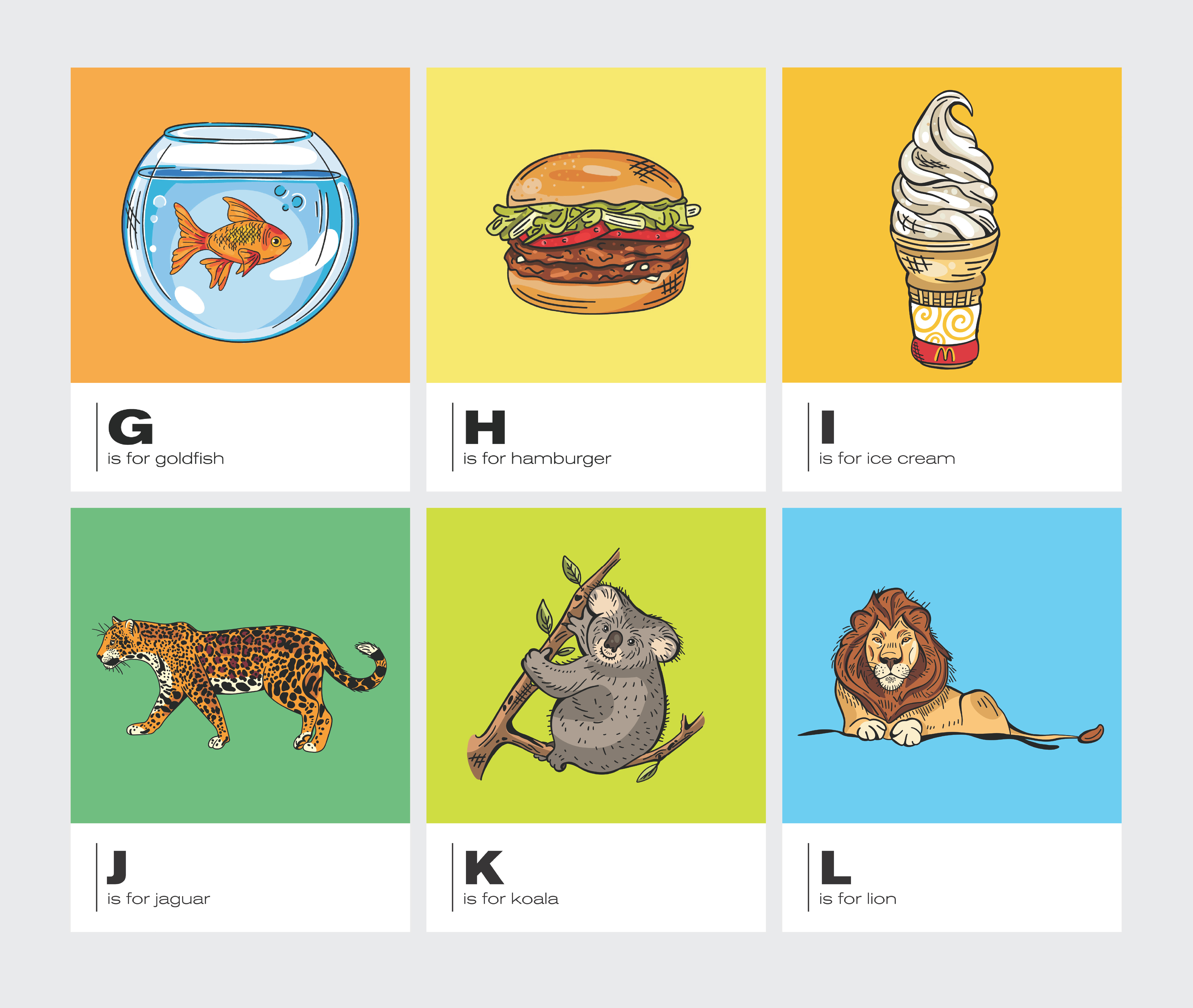 Alphabet illustration flash card series alphabet cards classroom collection drawing education flash cards goldfish hamburger icecream illustration illustrator learning lion series set teaching vector vector art