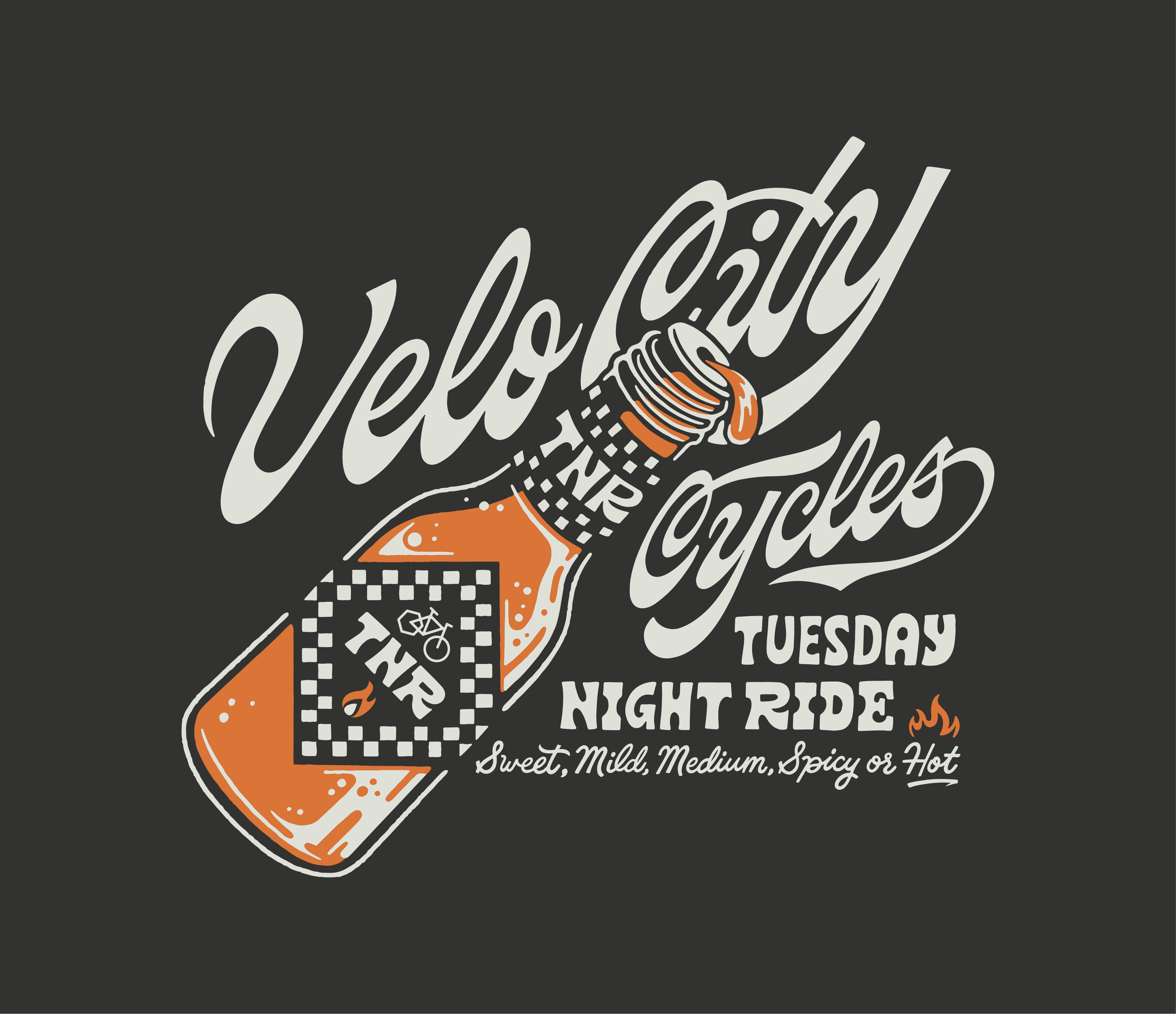 Velo City Cycles - Tuesday Night Ride apparel bicycle bike bottle city cycles hot lettering ride sauce script shirt tuesday velo
