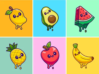 Fruit Melted🍎🍉🥑 avocado banana branding character cute doodle flat food fresh fruit healthy icon illustration juice logo mango melted summer watermelon
